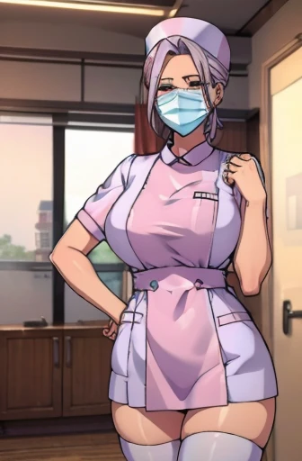 red nurse, 1womanl, Nurse, Nurse Cap, Redware, ((Red legwear, zettai ryouiki)), Red Elbow Gloves, Silver hair, Blue eyes, ((White surgical mask)), Standing, ((surgery room)), sharp outline, Short sleeves, a matural female, 35 year old, Best Quality, masutepiece ,oversize boobs
