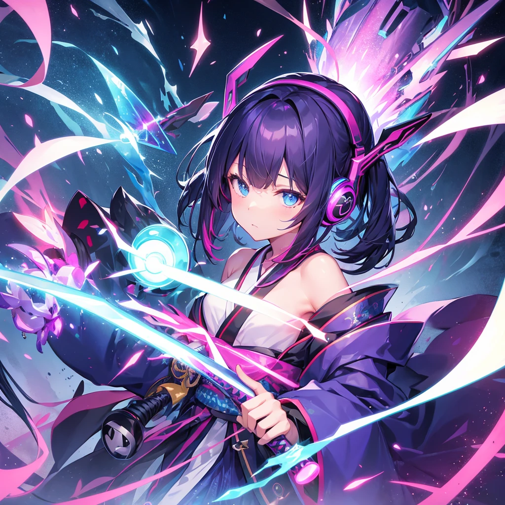 Cyber World、one girl、colorful kimono、headphone、（arms、Katana、armsを持つ）、like the photo、dazzling、