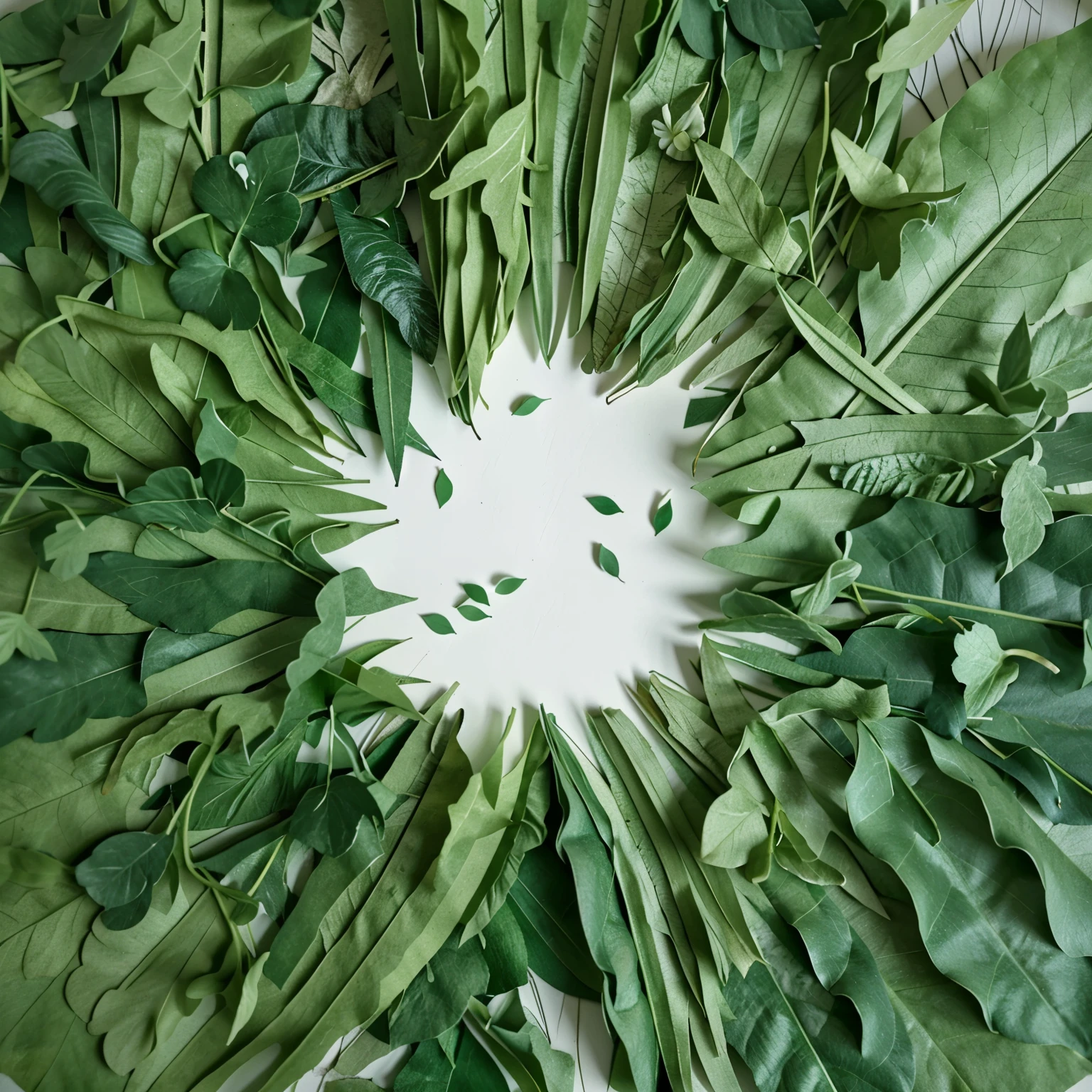 there is a white plate with green leaves and a white star, made of leaves, layered paper art, viewed from above, wreath of ferns, botanic foliage, fronds, paper cut out collage artwork, cut paper texture, paper art, close-up from above, insandely detailed, cut-out paper collage, greenery, inspired by Andy Goldsworthy, NEGATIVE SPACE AS FLOWER, MAKE FLOWER FROM NEGATIVE SPACE