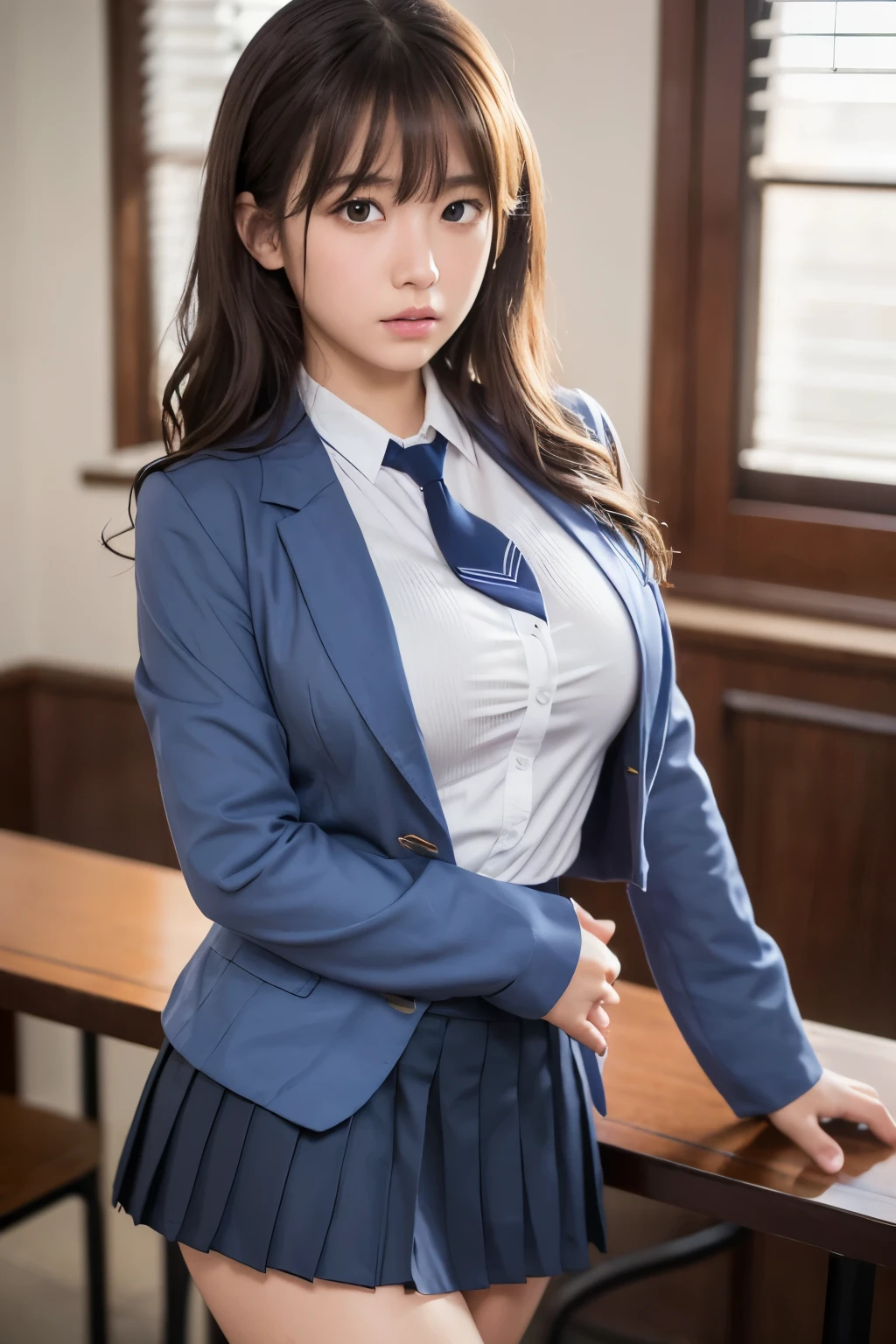 8K, highest quality, real image, intricate details, super detailed, Super high resolution, depth field,(realistic,realistic:1.2),table top , Frontal shot , From the middle , 1 girl, Eye_Chan, very beautiful 17 year old girl, innocent big eyes,、beautiful breasts:1.5、highly detailed eyes:1.2)、(beautiful breasts:1.1)、wavy hair、curly hair、bangs、, perfect skin, Fair skin, huge breasts, She is fondling her own breasts through her clothes.、Bad mood、angry face、cleavage, tight waist, light blush, alone, Staring at the viewer, ((School_uniform),(dark blue blazer), (white shirt、Wearing a tie), (gray pleated skirt), (sculpture installation :1.1)