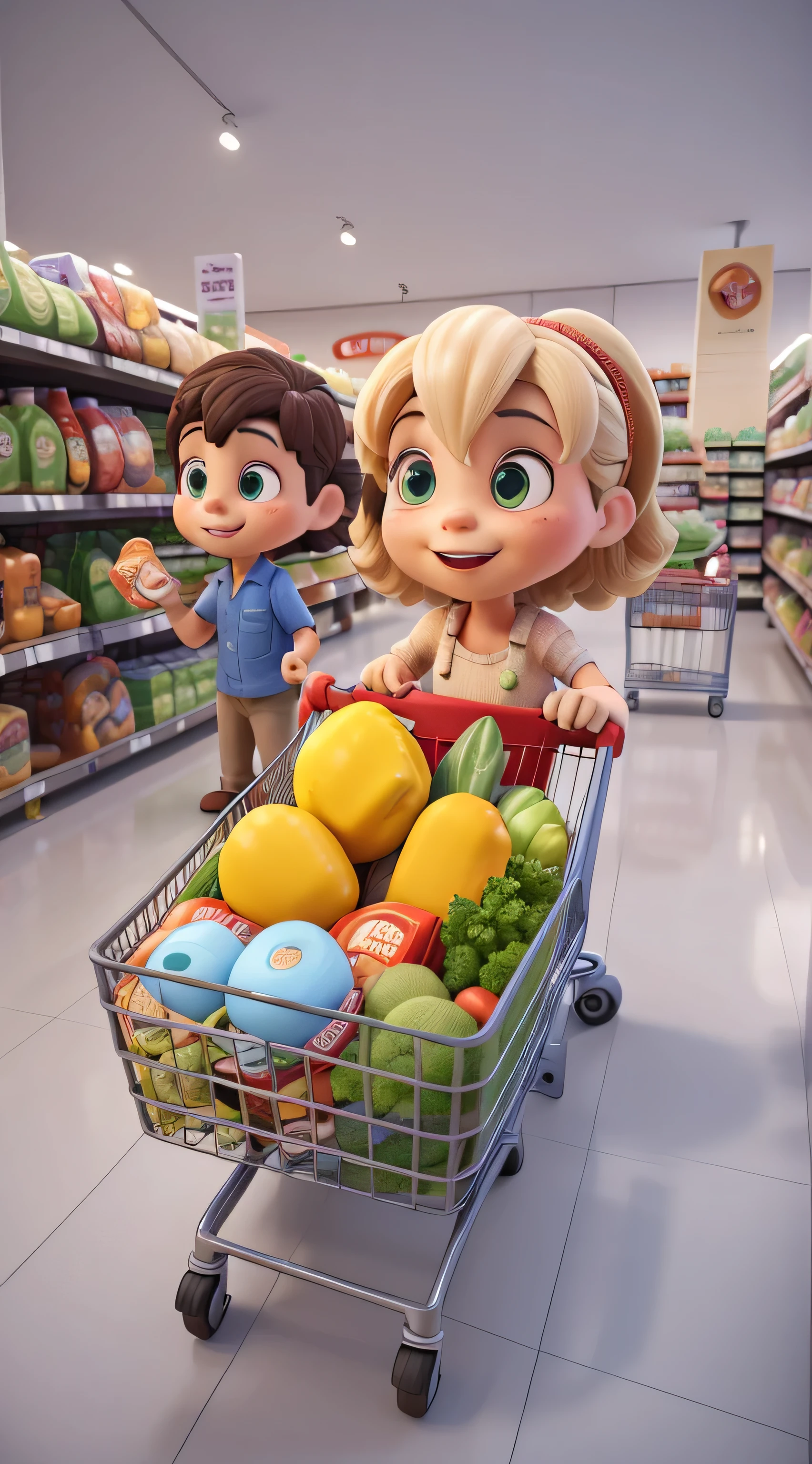 shopping groceries, getting groceries, People shop, Pushing the shopping cart, inside a supermarket, Supermarket shelves full, 3D, toy photos, Lovely 3D rendering, animation stills, shopping cart, cart, stood in a supermarket, animation stills, Promotional renderings, Convenience stores, 3D characters, ((better quality)), ((artwork)), (detailed), perfect face shape