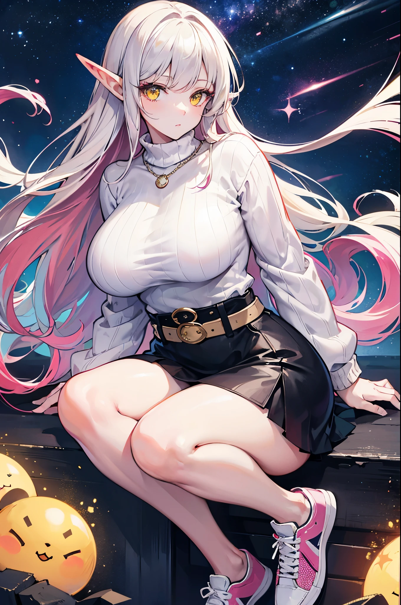 Detailed image, realistic image, coherent image, 1 elf, long ash-colored hair, yellow eyes, oval face, long eyelashes. She is wearing a sweater, mini skirt with a belt, sneakers, curvy body, sexy pose, fondi of a starry neck with galaxies on the horizon