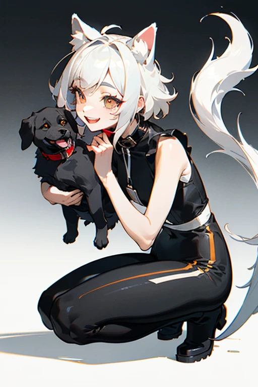 (Masterpiece: 1.5, best quality, high resolution: 1.3, super resolution, super detailed, ultra detailed: 1.3, rich background: 1.2, 1 woman)) pale skin + white hair + short hair messy in various directions + amber + eyelashes long and pale + feminine body + medium chest + wide hips + fangs + ears and puppy tail (sleeveless neoprene top, high shorts, thigh-high stockings, detailed high boots, dog collar on her neck) ((smiles, sitting squat, black background with white gradient)) (colors for clothing and accessories: silver, black, white, cream, red)