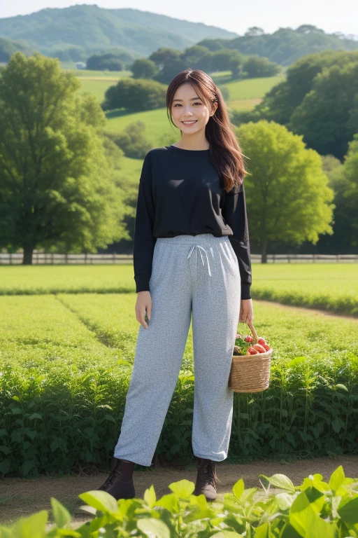 (highest quality、8k、high resolution、masterpiece:1.2)、Amazingly beautiful woman in her 20s、Work on the farm、long sleeve、long pants、Bright colors、Super detailed、農場のlandscape、Tools、 bumper crop、peaceful atmosphere、warm sunshine、sharp focus、realistic lighting、photorealistic、landscape、portrait、Lovely、organic crops、Farmland、green、fresh air、happy expression、farmers market、Abundant fruits and vegetables、green々field、endless rows of crops、bountiful harvest、harmony with nature、fulfillment and joy。