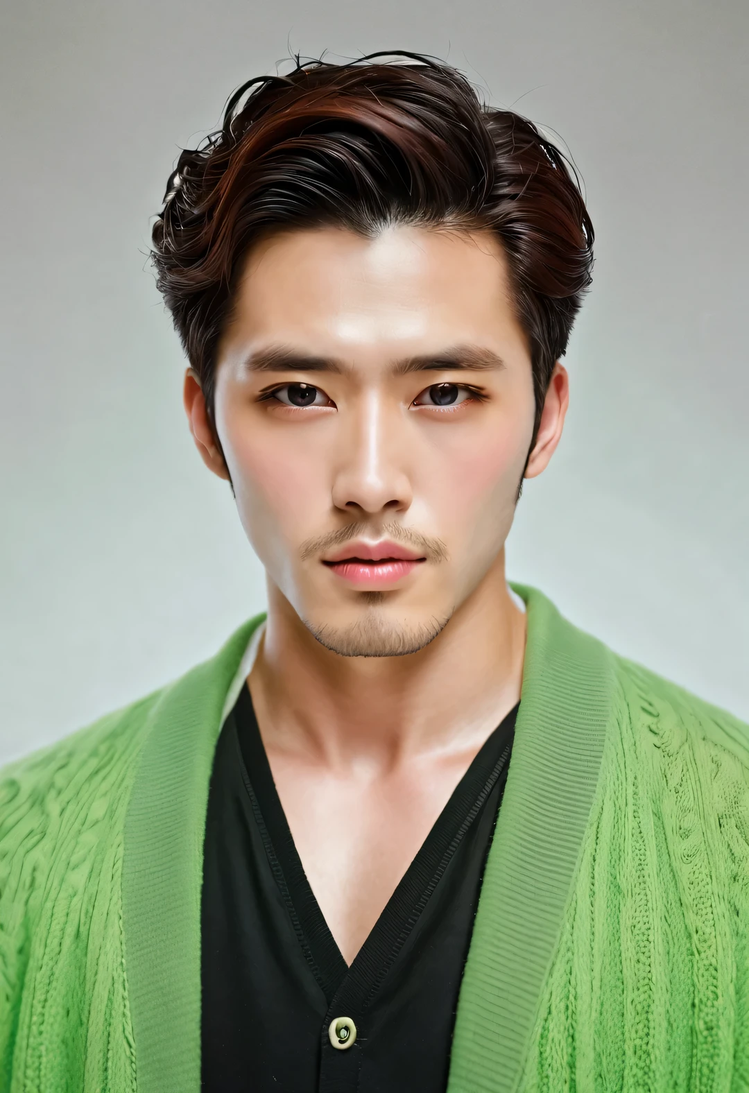 (male character design), Half-length close-up, Staring at the camera,
(Handsome Chinese boy Song Yu looks at the camera), (thick curly short hair: 1.1), (curls), (Wearing a modern and fashionable light green high-end cardigan), Song Yu's facial features are correct, His face is symmetrical, His eyebrows are long and thick, slightly upward, His eyes were bright and vibrant, Revealing a kind of wisdom and agility. (His lips were rosy and full, slightly upward, His lips were rosy and full), His big sexy mouth, His nose was straight,Does not protrude, His smile is bright and natural, perfect as a sculpture. Song Yi’s skin is fair and delicate (without any wrinkles or facial hair: 1.3), Smooth as white jade, Reveal healthy and glowing skin, Gives people a fresh and pure feeling. His cheeks flushed slightly (Inspired by young actor Brigitte Lin), Revealing a hint of astringency and cuteness. HD, high quality, HD分析, 32k, Surrealism,
