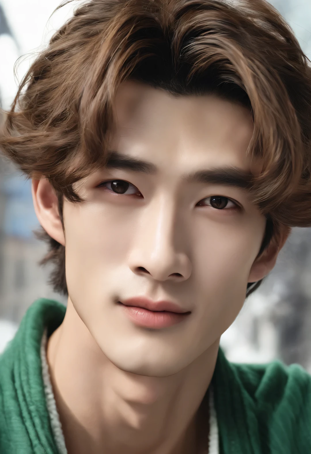 (best quality,1.2),super detailed,(actual,photoactual:1.37),fashion show photos,(full-body shot),Gisele Bundchen,Adriana Lima,Candice Swanepoel,Supermodel character,(male character design), Half-length close-up, Staring at the camera, (Handsome Chinese boy Song Yu looks at the camera), (thick curly short hair: 1.1), (curls), (Wearing a modern and fashionable light green high-end cardigan), Song Yu&#39;s facial features are correct, His face is symmetrical, His eyebrows are long and thick, slightly upward, His eyes were bright and vibrant, Demonstrate intelligence and agility. (His lips were rosy and full, slightly upward, His lips were rosy and full), His big sexy mouth, His nose is straight，Does not protrude, His smile is bright and natural, Like a sculpture, perfect. Song Yi has fair and delicate skin, And smooth as white jade, A sense of beauty appears on the skin. health and radiance, Gives people a fresh and pure feeling, His cheeks flushed slightly (Inspired by young actress Audrey Hepburn),,(snowflake,ocean,stellar) background with snowflakes,Star,long shot,The texture of the photo,Create this image.