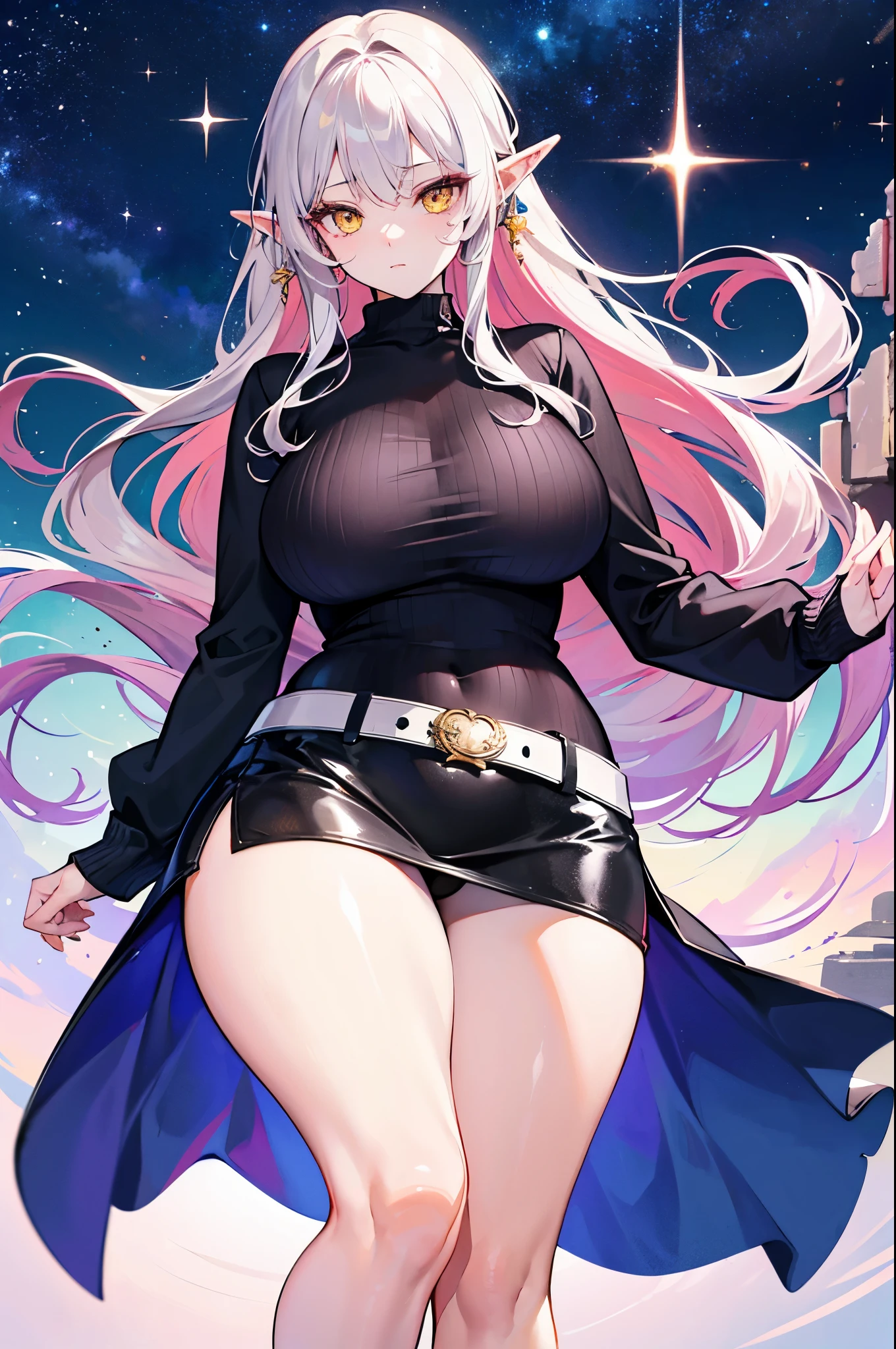 Detailed image, realistic image, coherent image, 1 elf, long ash-colored hair, yellow eyes, oval face, long eyelashes. She is wearing a sweater, mini skirt with a belt, sneakers, curvy body, sexy pose, fondi of a starry neck with galaxies on the horizon