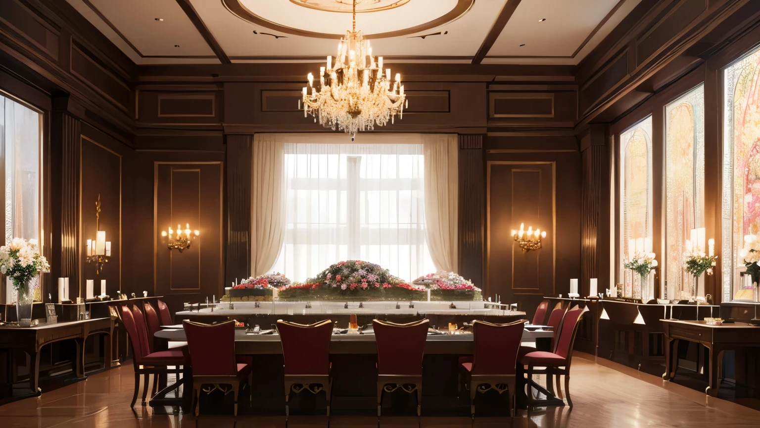 A high-end banquet hall filled with lights, flowers, fruit plates and cakes