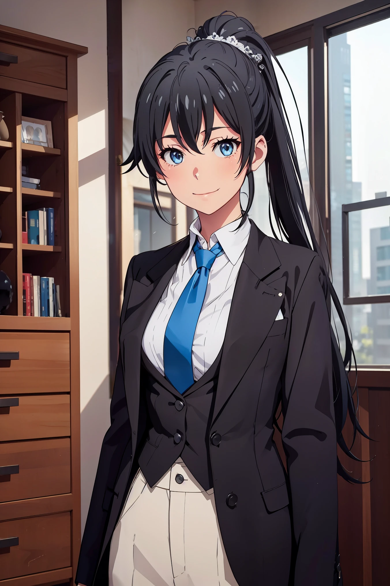 ((best quality)), ((masterpiece)), (detailed) 1girl 1girl, ;\), blurry, blurry_background, breasts, , hair_ponytail ribbon, looking_at_viewer, ok_sign, one_eye_closed, open_hand, Yukinoshita Yukino ,Woman wearing formal clothes, An attractive coat stands in a large gap in the room , 1girl, 独奏, blue necktie, Black hair, eyes blue, long hair, smile , collared shirt, white pants, white shirt , Elegantly designed coat , Stand in front of a window ,Perfectly tailored tailcoat. It has a stunning Victorian design and is made of lustrous fabric