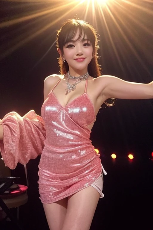 master piece、Ultra high resolution photo quality、cinematic camera work、Video of the entire stage、long shot、modern japanese strip theater、wide stage、wide seat、Mayu Minami、big droopy eyes、thick eyebrows、flushed cheeks、familiarity、very beautiful Japanese female dancer、athlete、very sexy、Very long and beautiful strong arms and legs and beautiful abs、Fair skin、Her fine skin is very beautiful、Sweat、beautiful bright smile、healthy、kind、Noble、refinement、kind、mild、raise one leg、active pose、yoga、gorgeous beautiful dress、Beautiful stage costumes、Dramatic and gorgeous beautiful lighting、Spotlight、Laser beam、smoke effect、clear acoustics、round table stage、body chain、