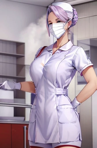 red nurse, 1womanl, Nurse, Nurse Cap, Redware, ((Red legwear, zettai ryouiki)), Red Elbow Gloves, Silver hair, Blue eyes, ((White surgical mask)), Standing, ((surgery room)), sharp outline, Short sleeves, a matural female, 35 year old, Best Quality, masutepiece ,oversize boobs