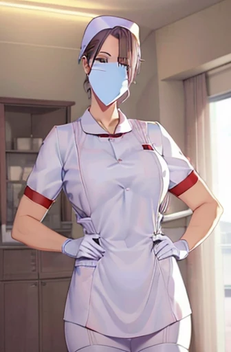 red nurse, 1womanl, Nurse, Nurse Cap, Redware, ((Red legwear, zettai ryouiki)), Red Elbow Gloves, Silver hair, Blue eyes, ((White surgical mask)), Standing, ((surgery room)), sharp outline, Short sleeves, a matural female, 35 year old, Best Quality, masutepiece ,oversize boobs