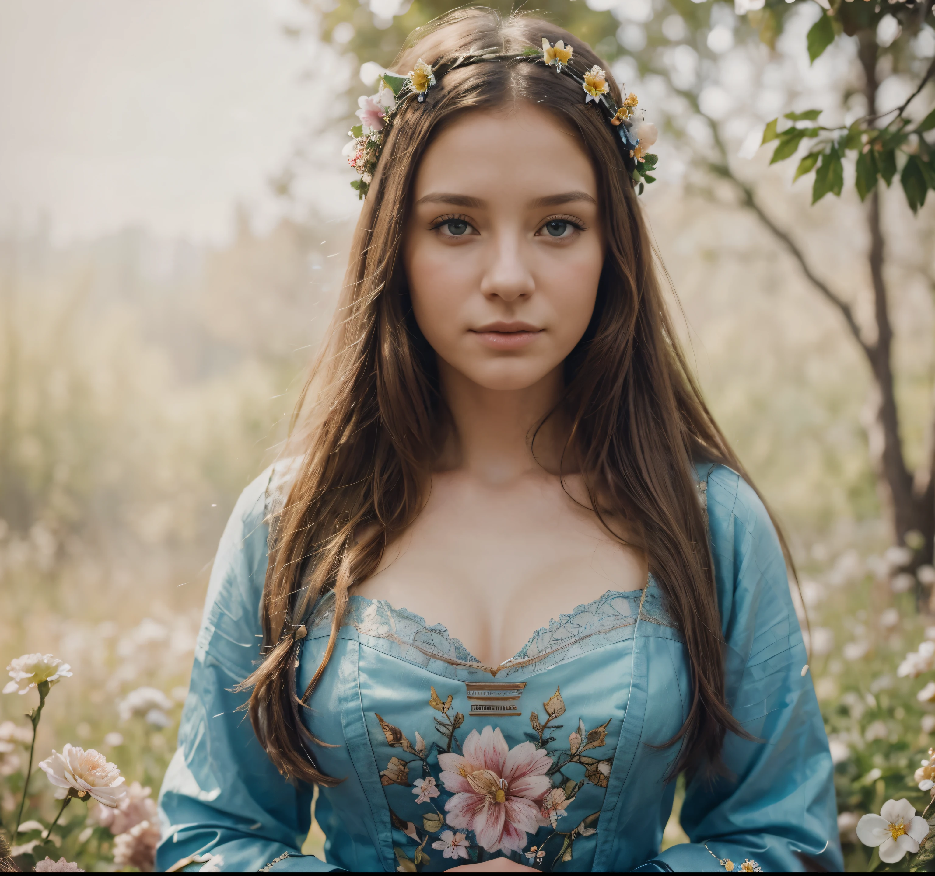 realism, drawing, Fantastic tale, Christmas style, John Tolkien style, Small drawing by Jean-Baptiste Monge, dark brown blonde with blue eyes and a flower crown in a field, Великолепная цифровая drawing, beautiful Portrait in fantasy style, beautiful fantasy portrait, detailed beautiful portrait, красивая цифровая drawing, detailed beauty portrait, Beautiful digital images, digital fantasy portrait, Portrait in fantasy style, Detailed matte fantasy portrait, fantasy portrait art, потрясающая цифровая drawing, fantasy portrait, beautiful portrayal of characters, beautiful digital illustration, Jean-Baptiste Monge, anthropomorphic --ar 2:3 --testp - optimistic; Straight hair, background in flowers