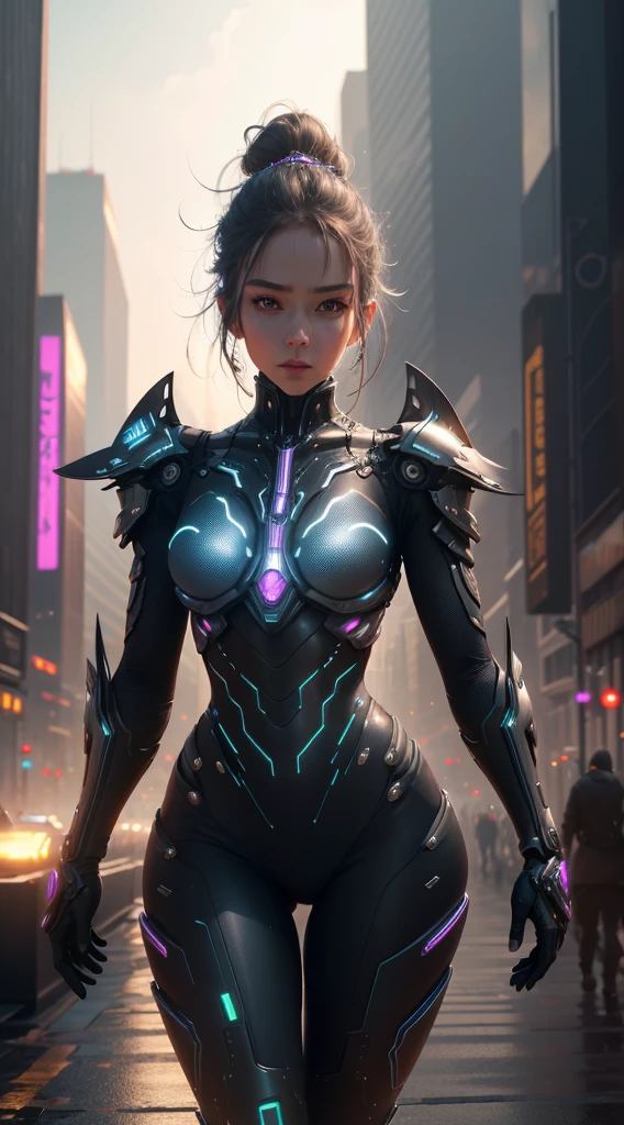 Future mechanical girl,Sparkling metal,Sparkling robot action,Ethereal,Futuristic technology,Advanced artificial intelligence,Neon flashing cityscape,Metal exoskeleton,Highly detailed facial features,glowing light eyes,Carefully crafted synthetic skin,Luxurious futuristic fashion,Hover above the ground,Explore the cityscape,Futuristic technology,Exquisite craftsmanship,Metal limbs，Complex design,Seamless integration of man and machine,Surreal,Otherworldly atmosphere,Utopian cityscape in the background,Advanced weapons integrated into her body,Exudes a soft, energetic glow,Expressive and captivating gaze,Superhuman strength and agility,Pose with confidence and strength,High-resolution portraits with vibrant colors and intricate details,Breathtaking,Awesome artwork. (Best quality,4K,8K,A high resolution,Masterpiece:1.2),Ultra-detailed,(Realistic,Photorealistic,photo-realistic:1.37),hdr,hyper HD,Studio lighting,Ultra-fine painting,Sharp focus,Physically-based rendering,Extreme detail description,professional,Vivid colors,Bokeh,sportrait,Concept artist