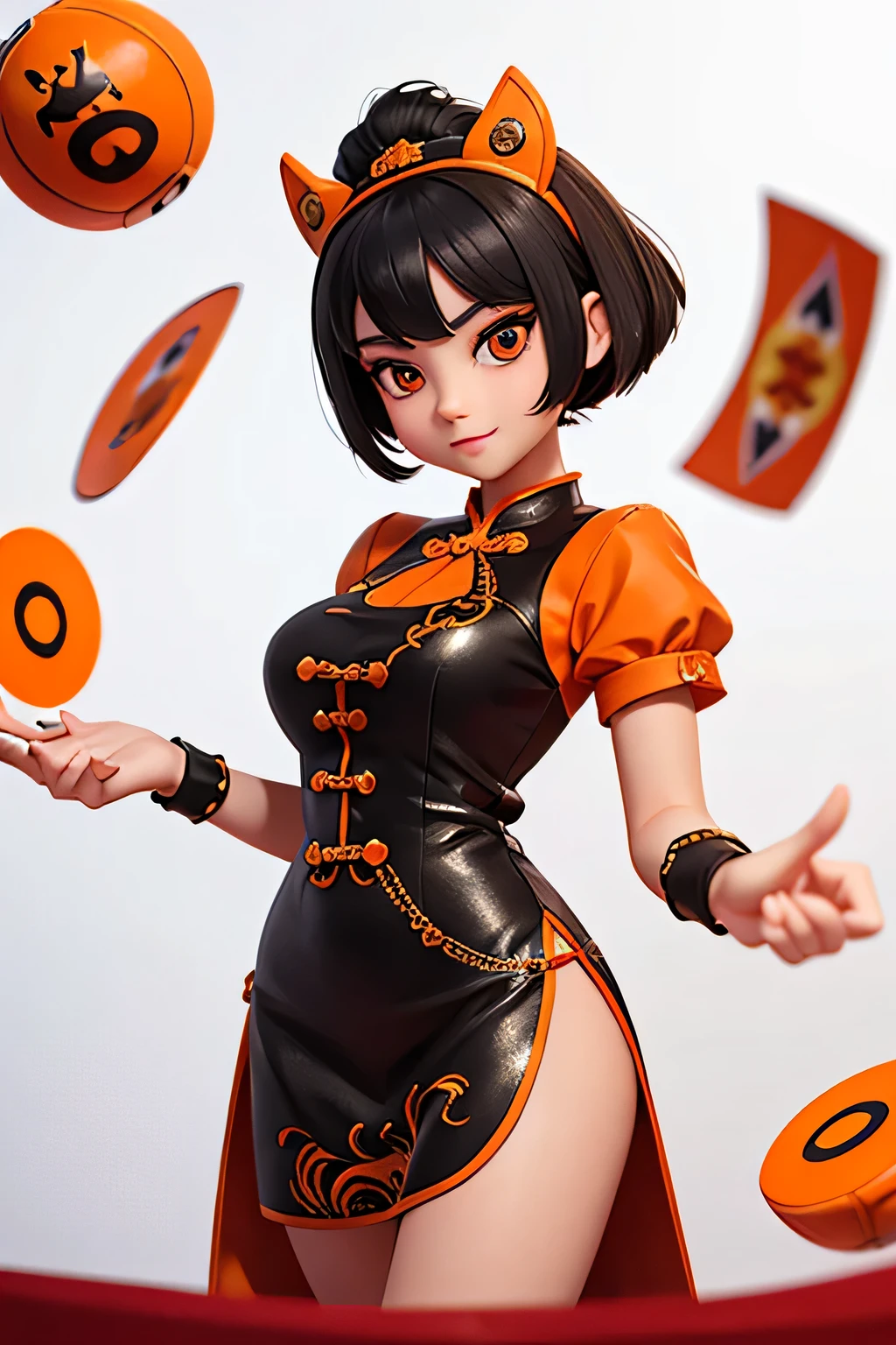 a girl,8k highly detailed, casual games, , 3D art style, Half body photo,Croupier,White background,big eyes,black hair,cute,Orange cheongsam,Orange decoration,Playing cards in hand,mature woman,