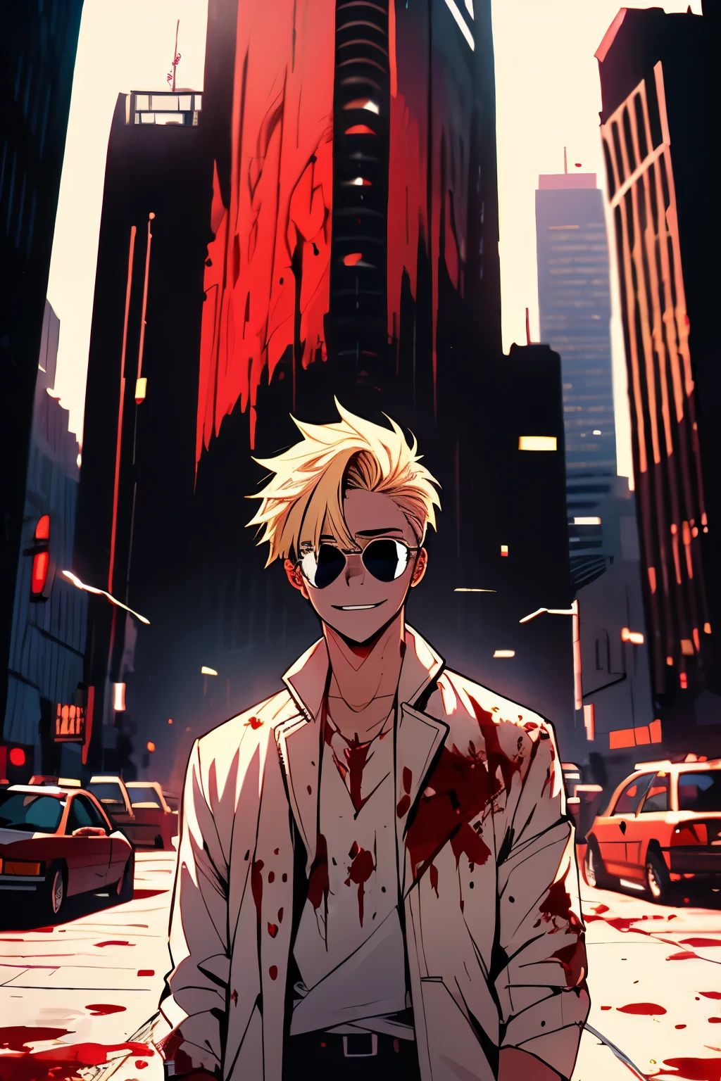 ratatatat74, ((Illustration)), (best quality)), ((masterpiece)), (detailed), anime, shiro, tousled hair, front face, white Jacket, bloody on clothes, male focus, front view, blond, shades, crazy smile, blood on face, teenager, city destroyed,