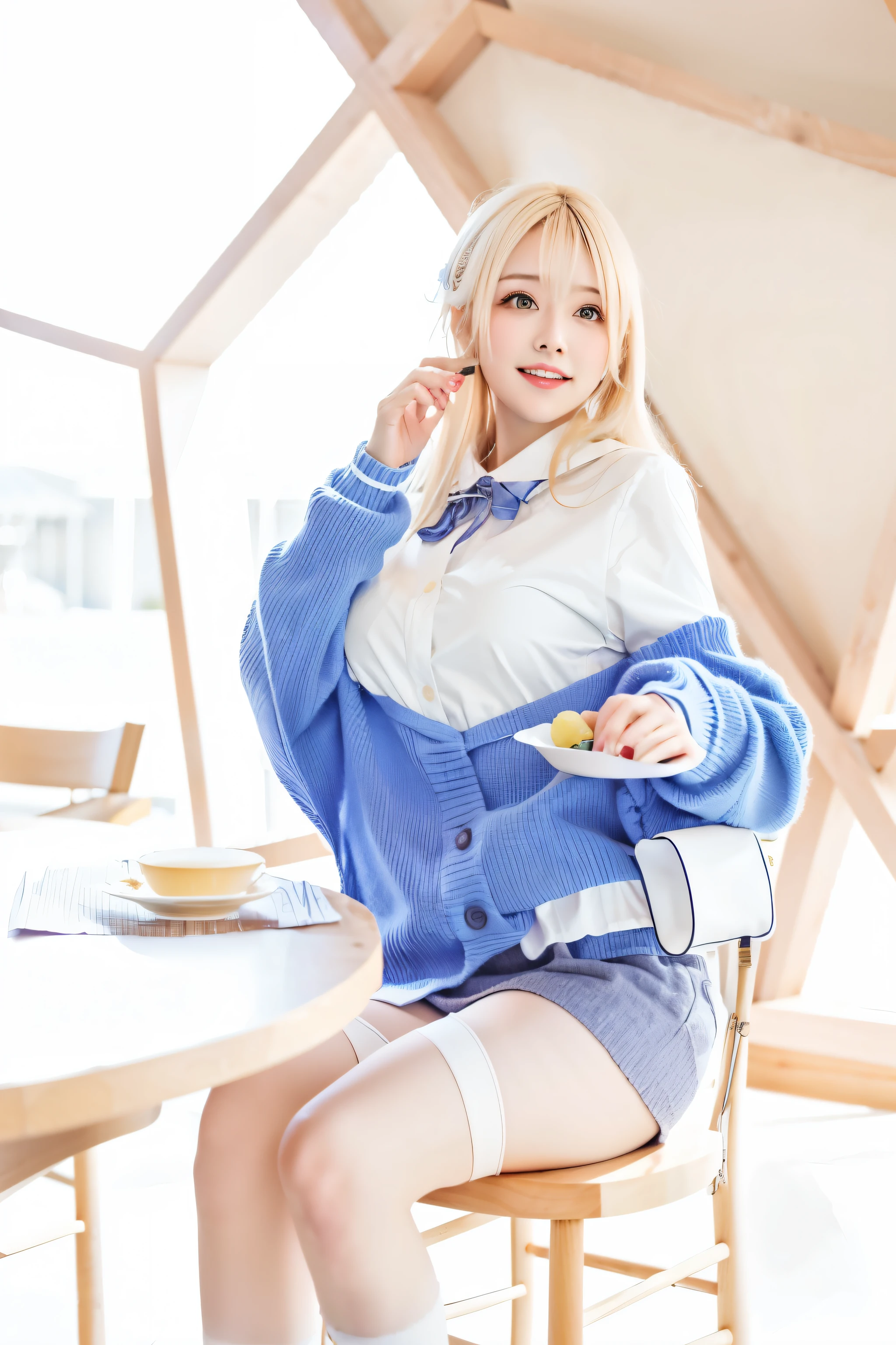 Blonde woman in a blue sweater and white shirt sitting at the table, anime girl cosplay, ayaka cosplay, ❤🔥🍄🌪, sakimichan, Real Anime Girls, cosplay photo, shikamimi, cosplay, rei hiroe, cosplay of a catboy! maid! dress, anime cosplay, japanese school uniform, japanese girl uniform