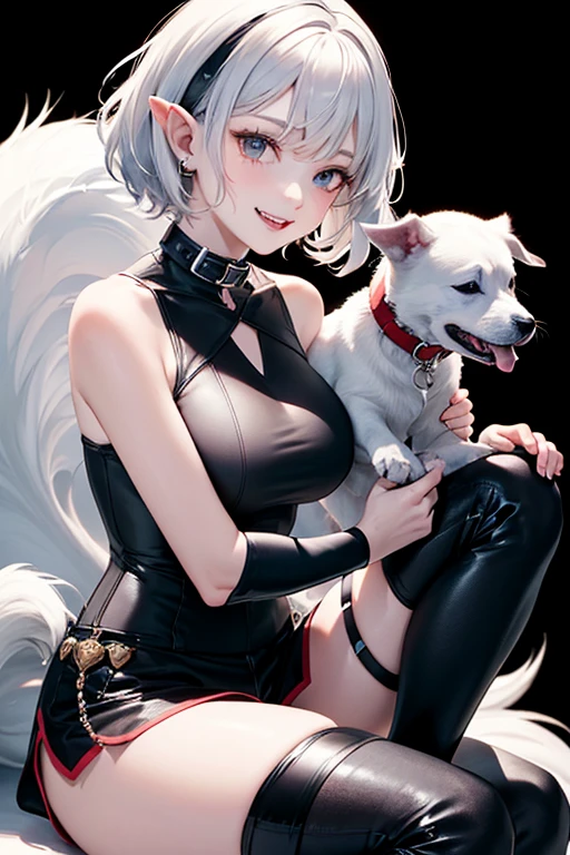 (Masterpiece: 1.5, best quality, high resolution: 1.3, super resolution, super detailed, ultra detailed: 1.3, rich background: 1.2, 1 woman)) pale skin + white hair + short hair messy in various directions + amber + eyelashes long and pale + feminine body + medium chest + wide hips + fangs + ears and puppy tail (sleeveless neoprene top, high shorts, thigh-high stockings, detailed high boots, dog collar on her neck) ((smiles, sitting squat, black background with white gradient)) (colors for clothing and accessories: silver, black, white, cream, red)