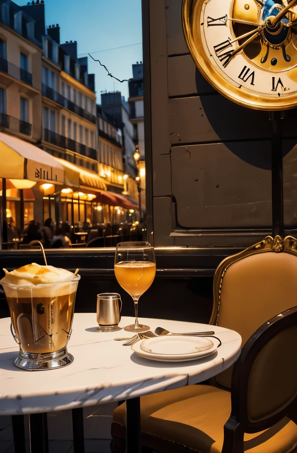 Summer evening, Parisian cafe. Close up. Served table in a cafe.  Salvador Dali eats melting clock with fork. Facing the viewer.