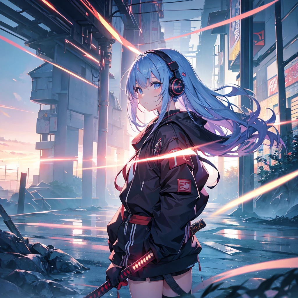 warrior、Anime girl standing in a cyber world landscape、Japanese style、japan harmony、Near future、(arms、Katana、armsを持って)、headphones、