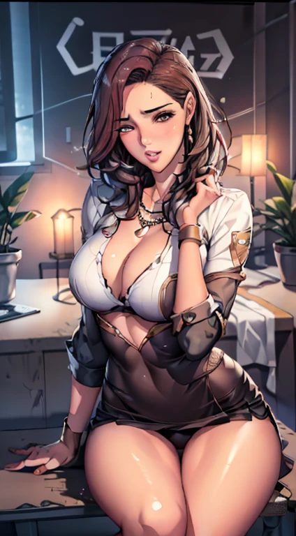 1girl,smile,(Masterpiece: 1.3), (Maximum resolution: 1.2), (Ultra HDTV: 1.2), Cinema light, Ultra HDTV, (Detailed eyes and skin), (Detailed facial features), HDR, 8k resolution, Sharp Focus: 1.2, Perfect style, beautiful face, accurate, anatomically correct, highly detailed beauty face and skin texture, detailed eyes, brown eyes, double eyelids, thin eyebrows, glitter eyeliner: 1.2, natural cheeks, glossy skin, fair skin: 1.2, shiny little necklace and earrings, (glossy lips: 1.4), natural lighting, masterpiece, highly detailed, illustration, game CG, absurdres, high quality, medium breasts, redhead, lightly curled hair, freckles, glossy lips, looking at viewer, lips parted, classroom, white blouse, cleavage, short black pleated miniskirt, school uniform, sitting, (legs crossing:1.5)