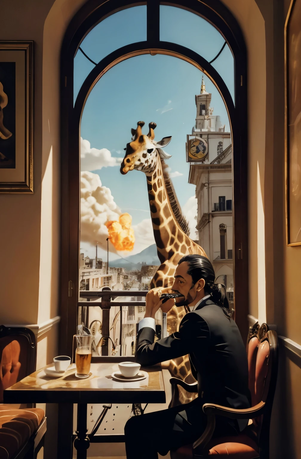 Self-portrait of Salvador Dalí. He sits at a table in a cafe and looks at the viewer. Behind his back, a giraffe is walking down the street engulfed in flames. Dali is eating, a soft clock hangs from his plate on the table.