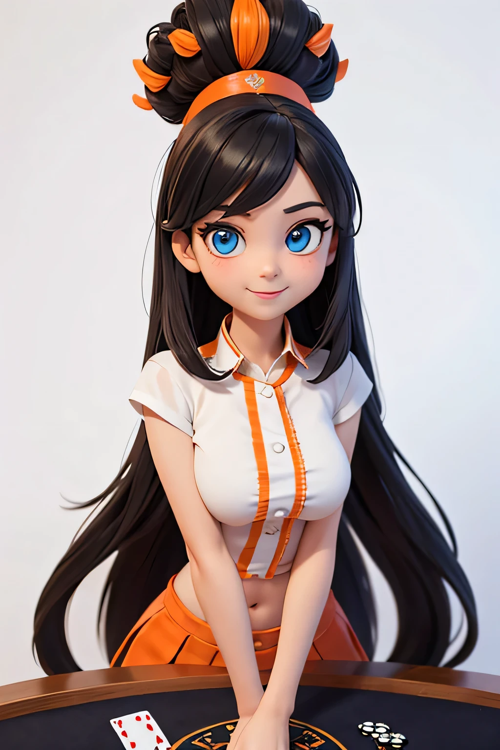 a girl,8k highly detailed, casual games, , 3D art style, Half body photo,Croupier,White background,big eyes,black hair,cute,orange clothes,Orange decoration,Playing cards in hand,solid color background,long hair,Smile，slim,White skin,,blue eyes,G cup,The whole character  in the picture,slim,background white,clean background