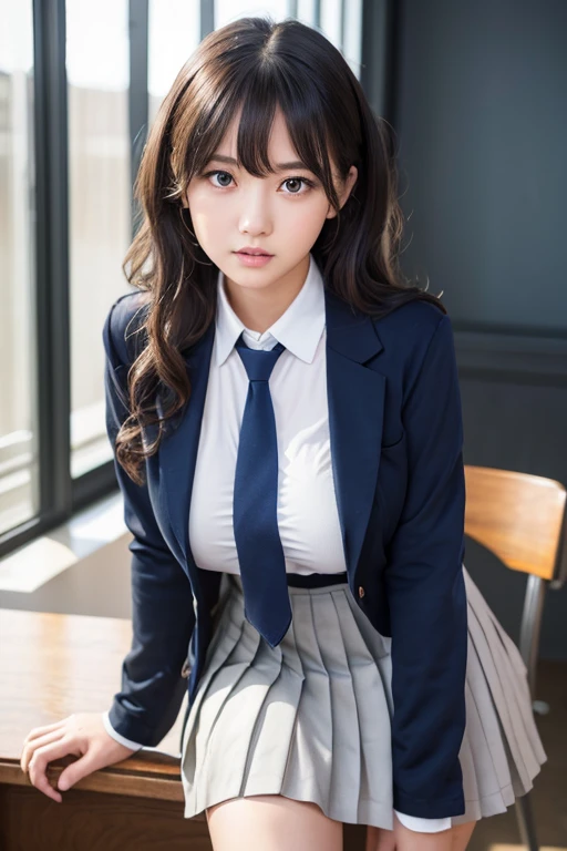 8K, highest quality, real image, intricate details, super detailed, Super high resolution, depth field,(realistic,realistic:1.2),table top , Frontal shot , From the middle , 1 girl, Eye_Chan, very beautiful 17 year old girl, innocent big eyes,、beautiful breasts:1.5、highly detailed eyes:1.2)、(beautiful breasts:1.1)、wavy hair、white teeth、black hair、curly hair、bangs、, perfect skin, Fair skin, huge breasts, She is fondling her own breasts through her clothes.、Bad mood、angry face、cleavage, tight waist, light blush, alone, Staring at the viewer, ((School_uniform),(dark blue blazer), (white shirt、Wearing a tie), (gray pleated skirt), (sculpture installation :1.1)