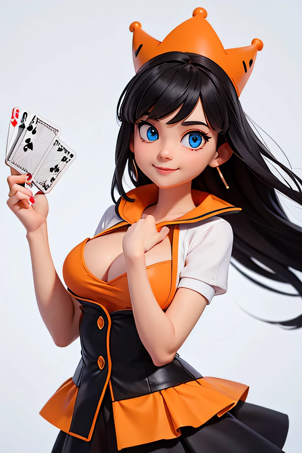 a girl,8k highly detailed, casual games, , 3D art style, Half body photo,Croupier,White background,big eyes,black hair,cute,orange clothes,Orange decoration,Playing cards in hand,solid color background,long hair,Smile,slim,White skin,,blue eyes,G cup,The whole character in the picture,slim,background white