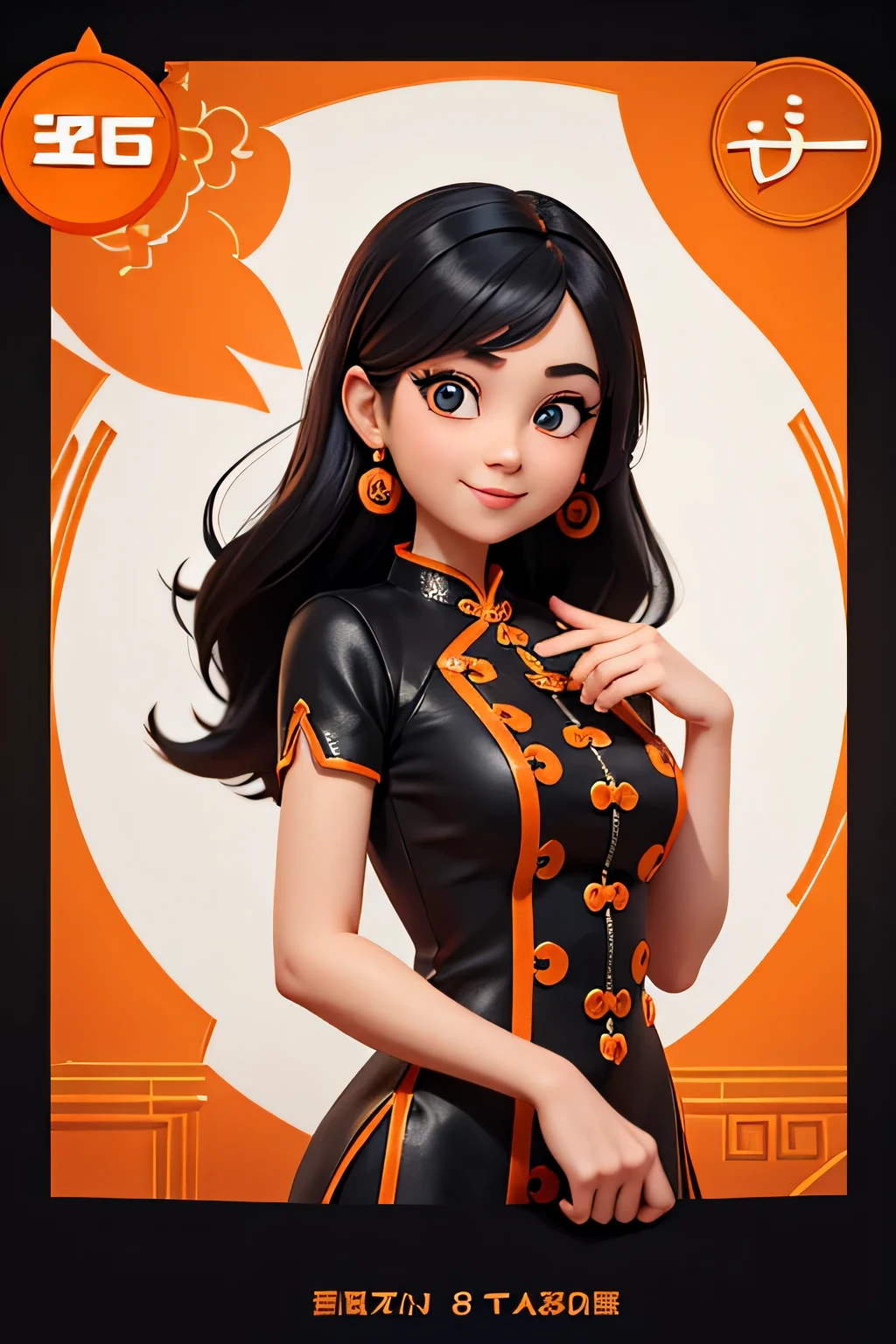 a girl,8k highly detailed, casual games, , 3D art style, Half body photo,Croupier,White background,big eyes,black hair,cute,Orange cheongsam,Orange decoration,Playing cards in hand,mature woman,solid color background,long hair,Smile