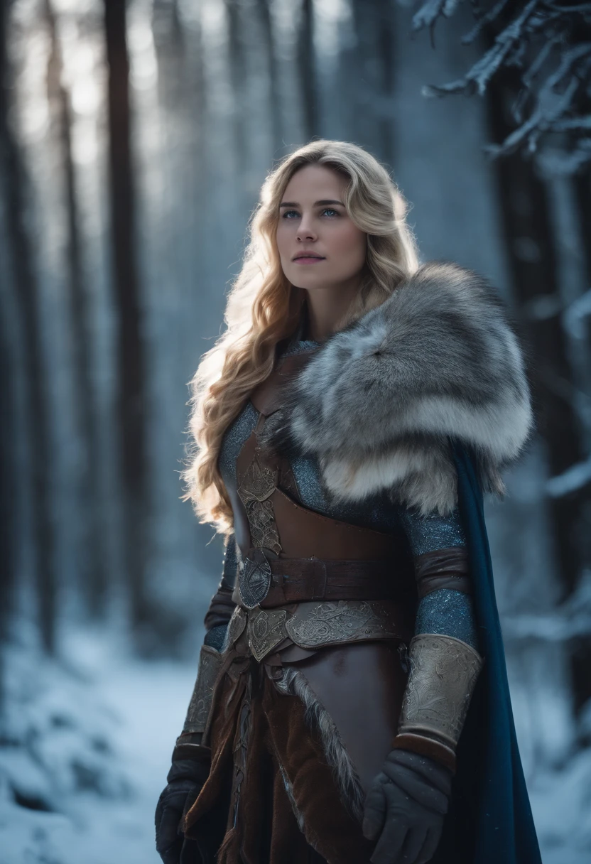 a blonde girl in armor in the icy forest next to a large brown wolf,highly detailed armor,beautiful forest with snow-covered trees,a mystical atmosphere,strong contrast between the girl and the wolf,subtle snowflakes falling,extraordinary icy reflections on the armor,vivid colors and realistic details,portrait style,soft lighting with a touch of blue,saturated color tone for a dreamy effect