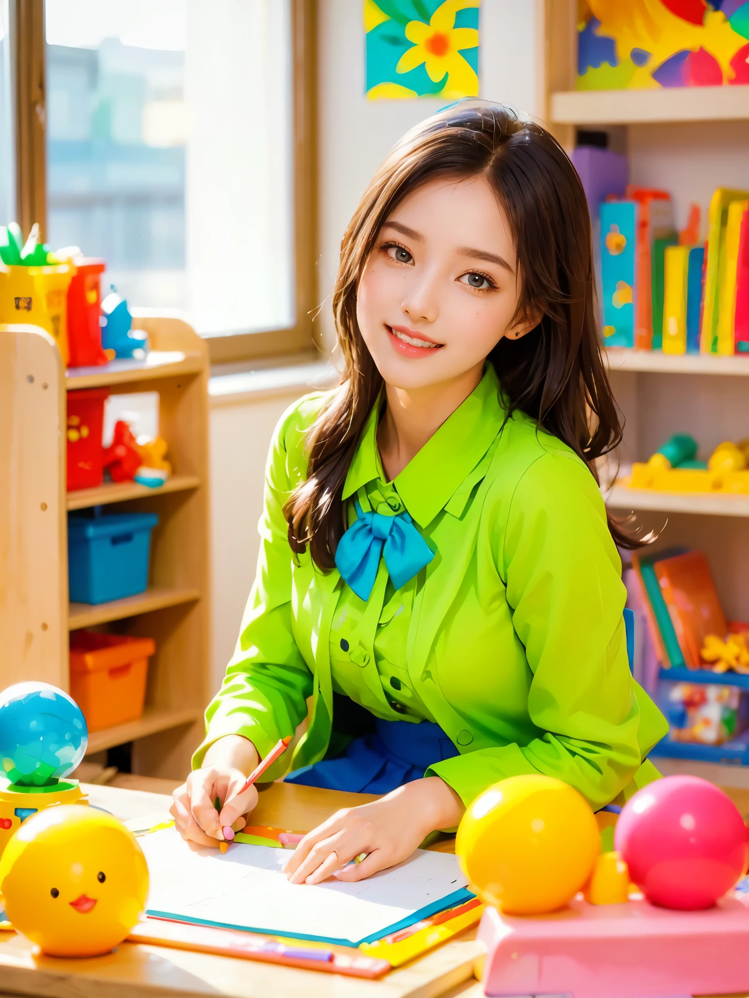 A continuation of the charming and cute depiction of a dream girlfriend as a kindergarten teacher, focusing on her photogenic and picturesque qualities. She displays a radiant smile, exuding a sense of spring warmth and happiness, uplifting the spirits of everyone, especially children. As an embodiment of wisdom, beauty, and diligence, she interacts playfully with the children in the colorful and vibrant kindergarten classroom. She is wearing a cute, professional outfit suitable for a teacher, with her hair styled in a simple, charming manner. The classroom is filled with educational toys, colorful decorations, and children's artwork, creating a joyful and lively atmosphere. The scene captures her engaging presence, showcasing her as a delightful, intelligent, and adorable kindergarten teacher., (花卉水彩画:1.5)，(Super high saturation, bright and vivid colors:1.5), (nsfw), (正面看着观众:1.5)
