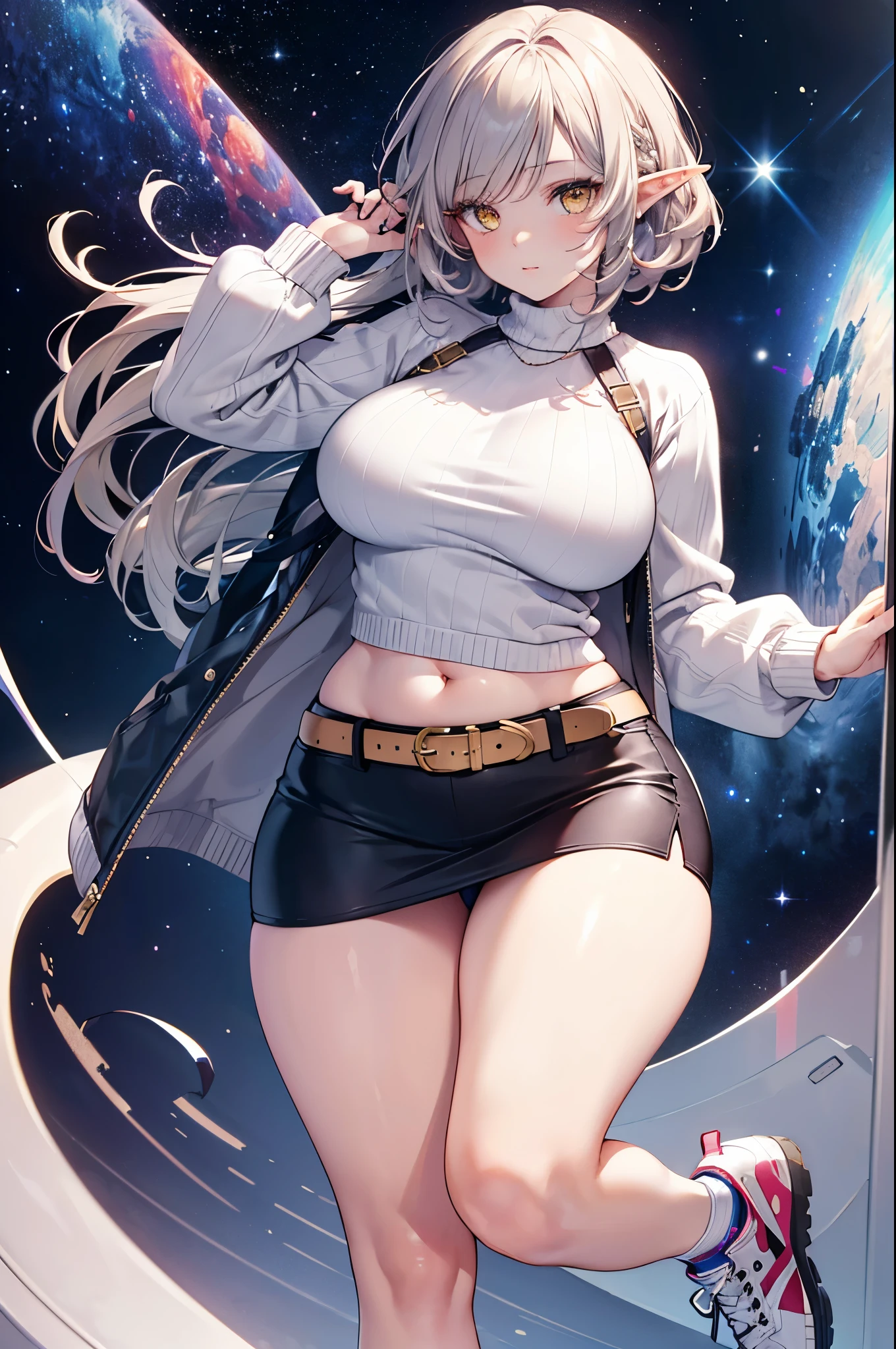 Detailed image, realistic image, coherent image, 1 elf, long ash-colored hair, yellow eyes, oval face, long eyelashes. She is wearing a sweater, mini skirt with a belt, sneakers, curvy body, sexy pose, fondi of a starry neck with galaxies on the horizon