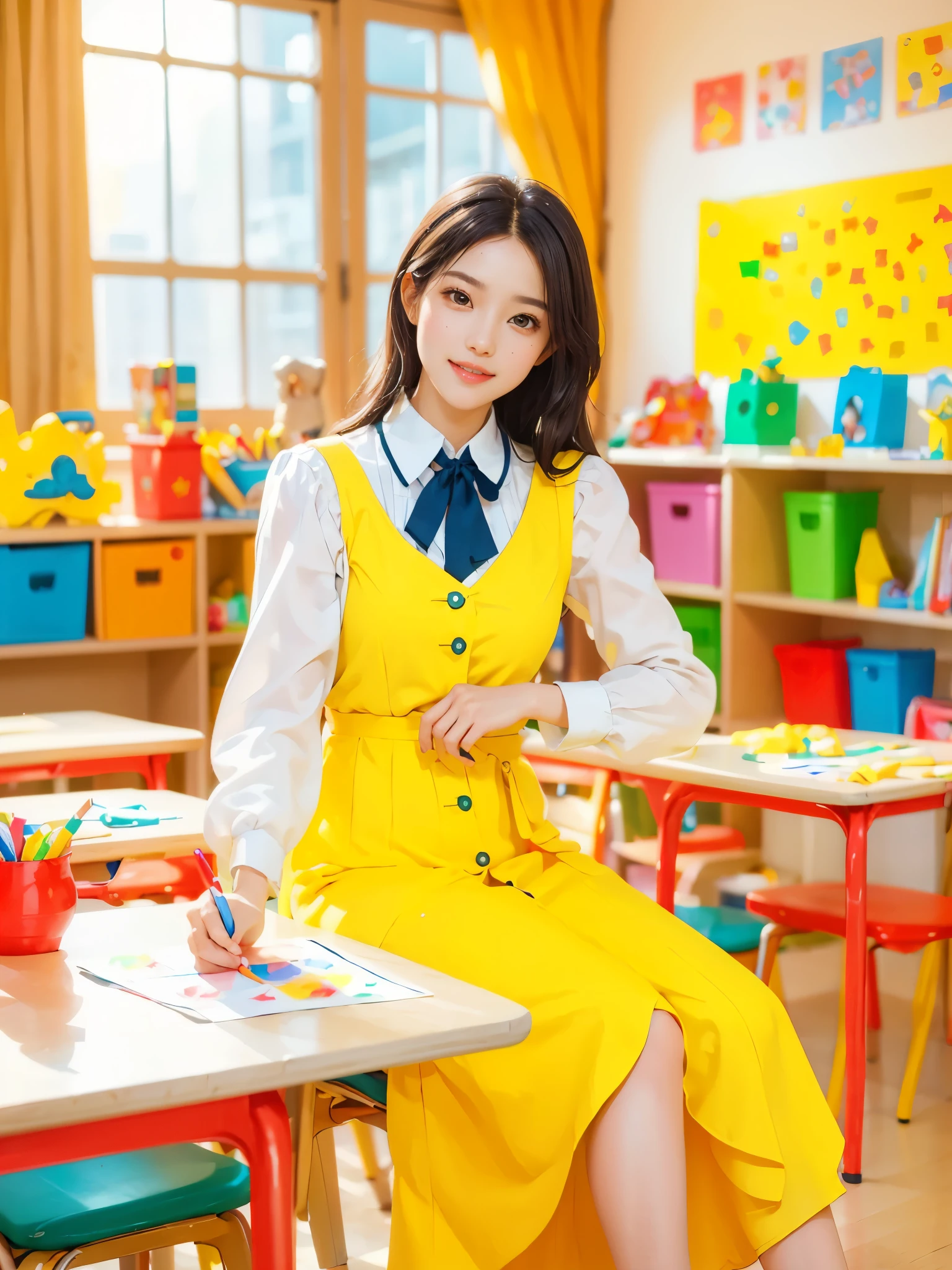 A continuation of the charming and cute depiction of a dream girlfriend as a kindergarten teacher, focusing on her photogenic and picturesque qualities. She displays a radiant smile, exuding a sense of spring warmth and happiness, uplifting the spirits of everyone, especially children. As an embodiment of wisdom, beauty, and diligence, she interacts playfully with the children in the colorful and vibrant kindergarten classroom. She is wearing a cute, professional outfit suitable for a teacher, with her hair styled in a simple, charming manner. The classroom is filled with educational toys, colorful decorations, and children's artwork, creating a joyful and lively atmosphere. The scene captures her engaging presence, showcasing her as a delightful, intelligent, and adorable kindergarten teacher., (花卉水彩画:1.5)，(Super high saturation, bright and vivid colors:1.5), (nsfw), (正面看着观众:1.5)