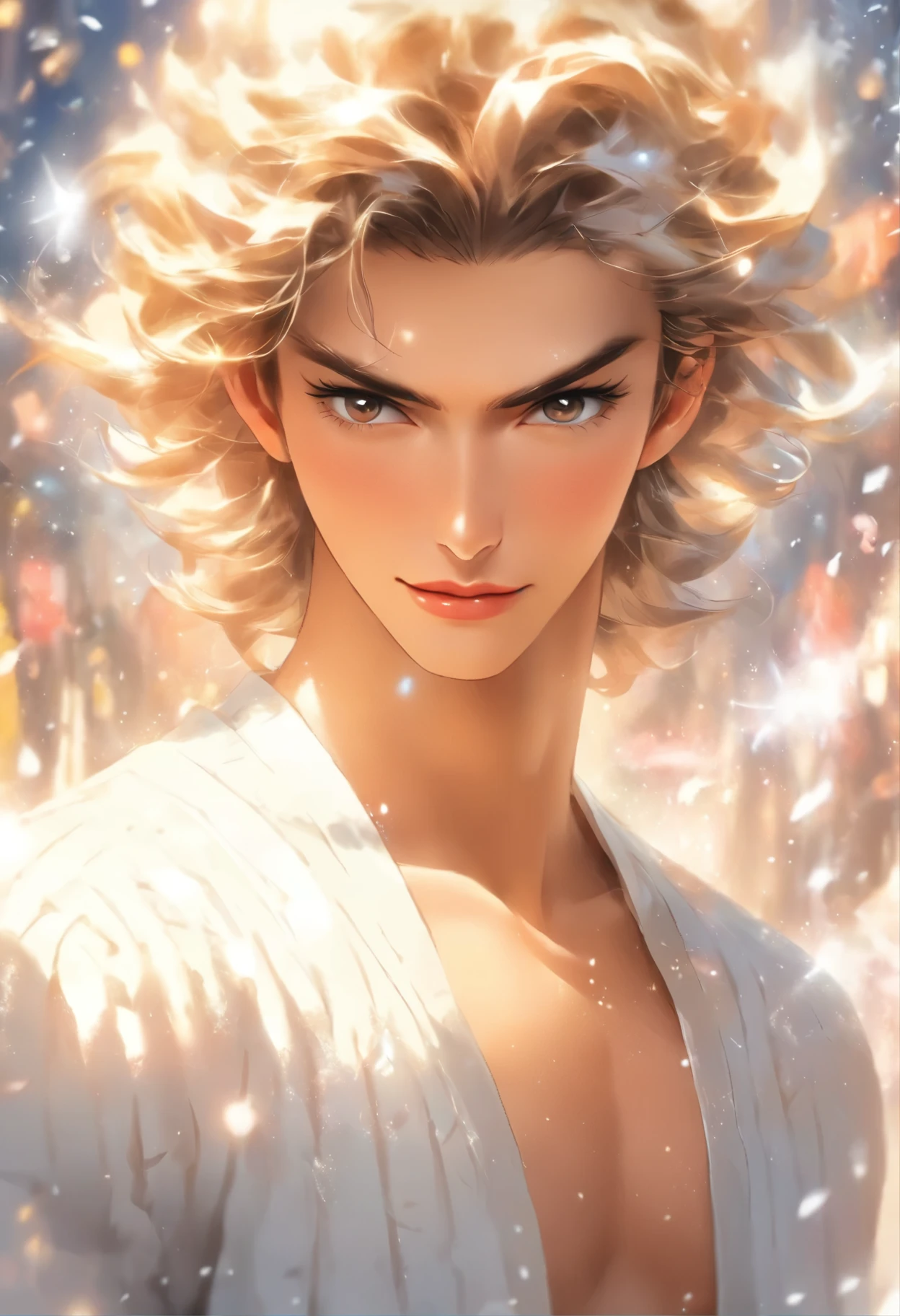(best quality,1.2),super detailed,(actual,photoactual:1.37),fashion show photos,(full-body shot),Gisele Bundchen,Adriana Lima,Candice Swanepoel,Supermodel character,(male character design), Half body, Staring at the camera, (Handsome Chinese boy Song Yu looks at the camera), (Thick silver curly short hair: 1.1), (curls), (Wearing a modern and stylish white high-end cardigan), Song Yu's facial features are correct, His face is symmetrical, His eyebrows are long and thick, slightly upward, His eyes were bright and vibrant, (His lips were rosy and full, slightly upward, His lips were rosy and full), His big sexy mouth, His nose is straight,Does not protrude, His smile is bright and natural, Like a sculpture, perfect. Song Yi has fair and delicate skin, And smooth as white jade, A sense of beauty appears on the skin. health and radiance, Gives people a fresh and pure feeling, His cheeks flushed slightly (Inspired by young actress Audrey Hepburn),,background:(snowflake,ocean,stellar) background with snowflakes,Star,long shot,The texture of the photo,,Surrealism