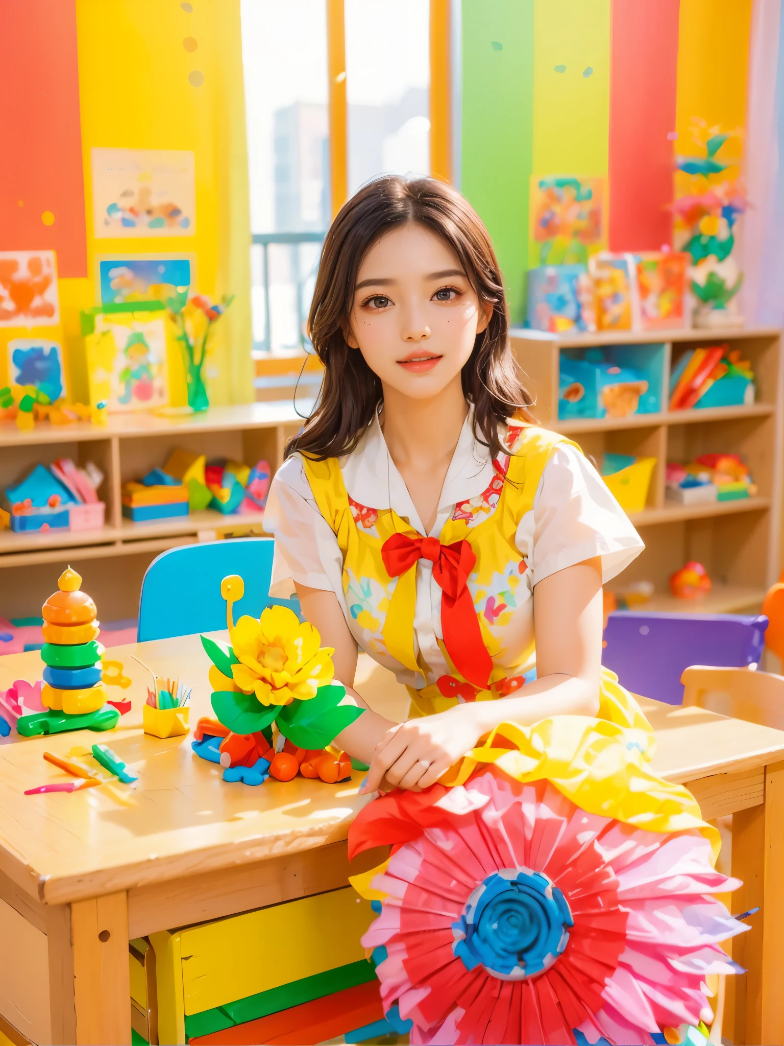 A continuation of the charming and cute depiction of a dream girlfriend as a kindergarten teacher, focusing on her photogenic and picturesque qualities. She displays a radiant smile, exuding a sense of spring warmth and happiness, uplifting the spirits of everyone, especially children. As an embodiment of wisdom, beauty, and diligence, she interacts playfully with the children in the colorful and vibrant kindergarten classroom. She is wearing a cute, professional outfit suitable for a teacher, with her hair styled in a simple, charming manner. The classroom is filled with educational toys, colorful decorations, and children's artwork, creating a joyful and lively atmosphere. The scene captures her engaging presence, showcasing her as a delightful, intelligent, and adorable kindergarten teacher., (花卉水彩画:1.5),(Super high saturation, bright and vivid colors:1.5), (nsfw), (正面看着观众:1.5)