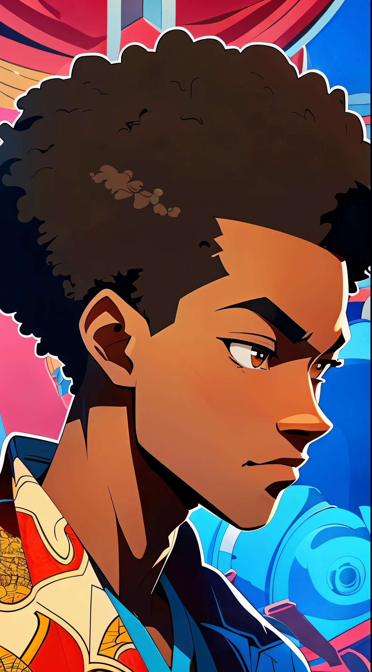 (best quality:1.1),original, 1man,  A handsome man with dark skin, African American man with natural hair, dressed in blue urban clothes, cartoon，anime illustrations, style is abstract beauty, Sundaratang, mixed patterns, close-ups, charming character illustrations, folklore  --ar 2:3 --v 6.0 