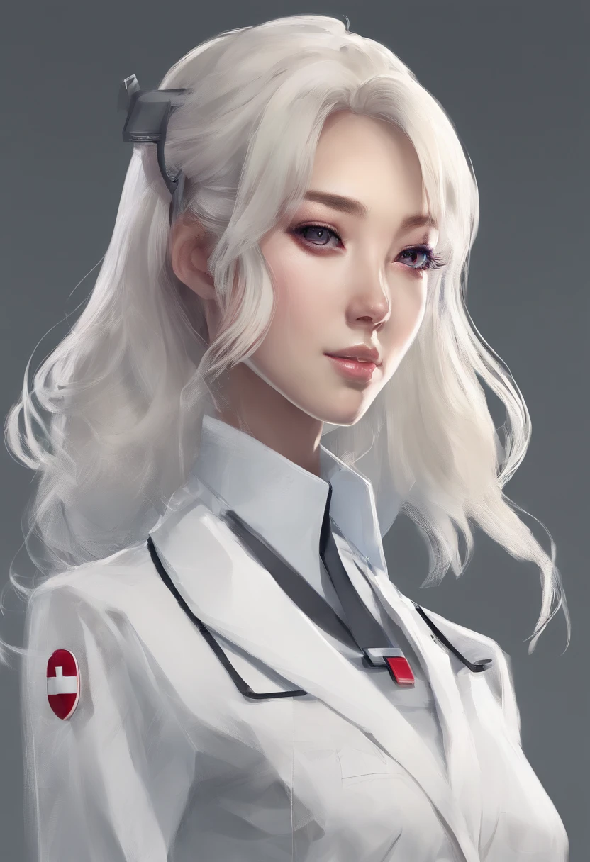 《The role of artificial intelligence》。（（（Virtual character design：Psychological counselor。Miss，20 years old，white short hair，Exquisite facial features，beautiful make up，Skin details，Smile）））。（（White nurse's uniform））。((Super realistic details)),（（（Half body）））。 illumination, light and shadow, octane rendering, 8k, super sharp,complicated, Accessory details,atmosphere