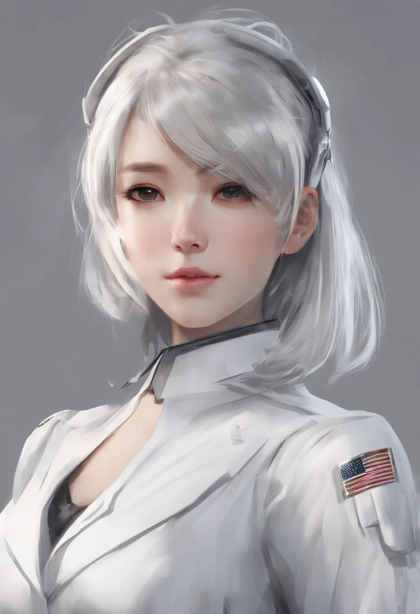 《The role of artificial intelligence》。(((Virtual character design:Psychological counselor。Miss,20 years old,white short hair,Exquisite facial features,beautiful make up,Skin details,Smile)))。((White nurse's uniform))。((Super realistic details)),(((Half body)))。 illumination, light and shadow, octane rendering, 8k, super sharp,complicated, Accessory details,atmosphere