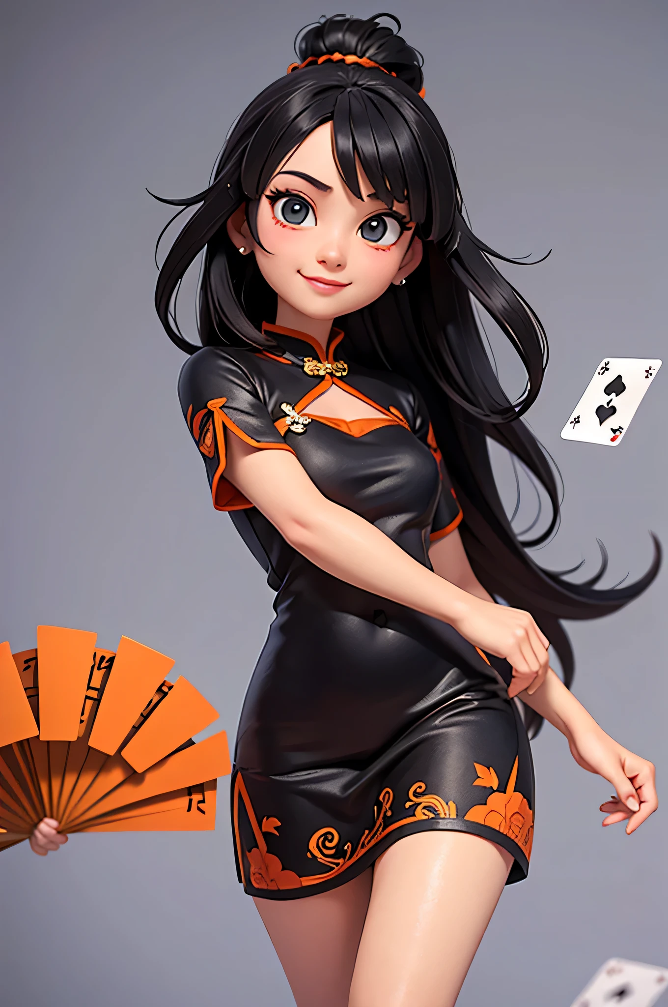 One by one,8k highly detailed, casual games, , 3D art style, Half body photo,Croupier,White background,big eyes,black hair,cute,Orange cheongsam,Orange decoration,Playing cards in hand,solid color background,long hair,Smile，slim,White skin,Mature,