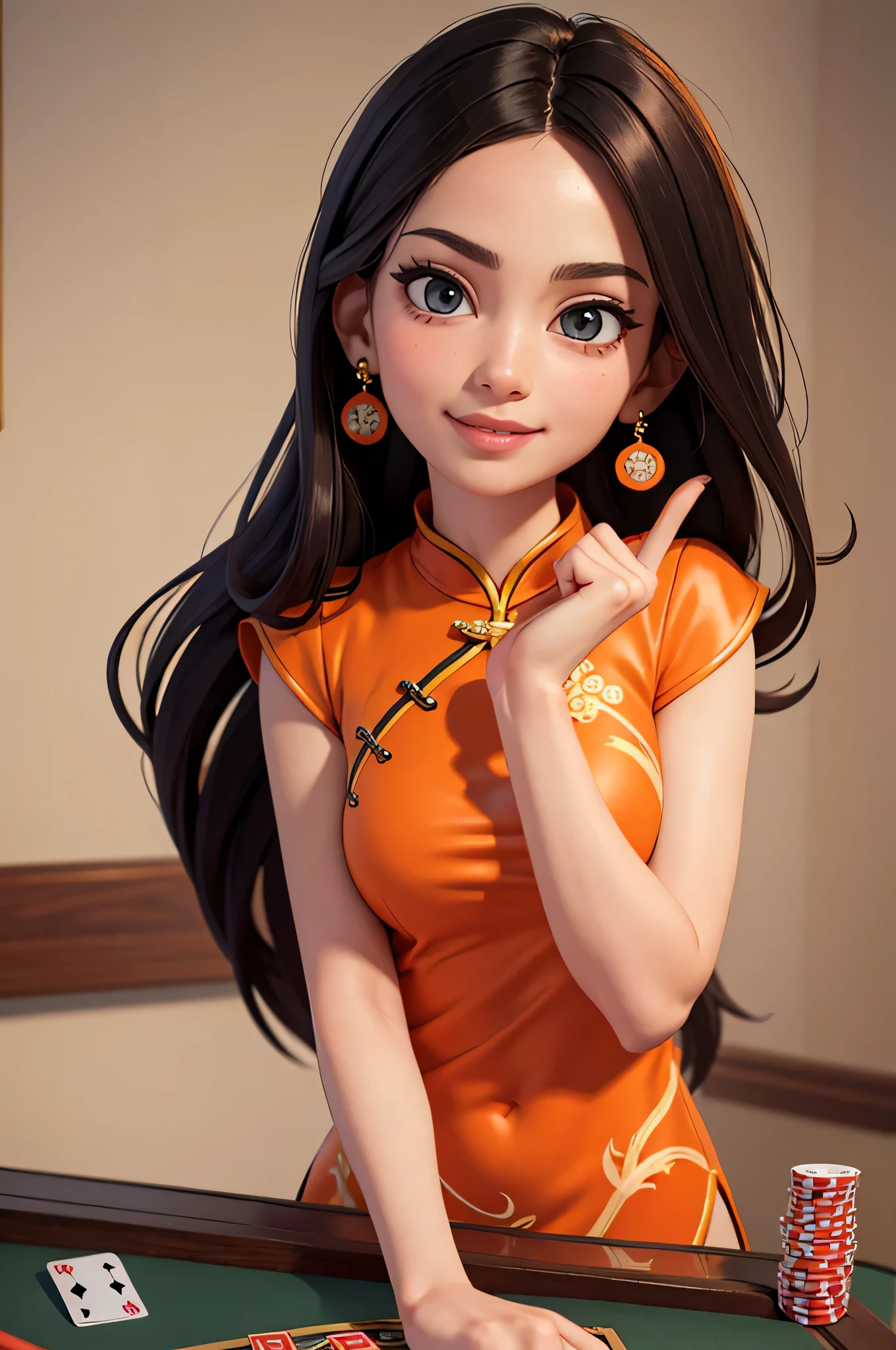 (best quality,8k,highres,masterpiece:1.2),ultra-detailed,realistic:1.37,portrait,relaxed gaming,3D rendering,close-up photo,croupier,white background,big eyes,dark hair,cute,orange cheongsam,orange accessories,holding playing cards,solid background,long hair,smiling,slender,fair skin,mature,
