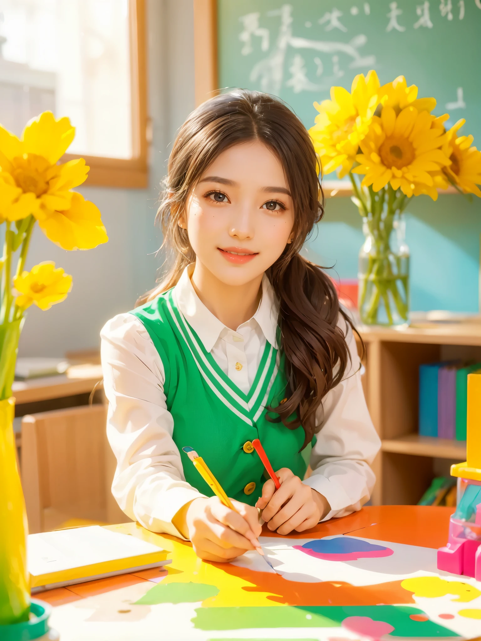A continuation of the charming and cute depiction of a dream girlfriend as a kindergarten teacher, focusing on her photogenic and picturesque qualities. She displays a radiant smile, exuding a sense of spring warmth and happiness, uplifting the spirits of everyone, especially children. As an embodiment of wisdom, beauty, and diligence, she interacts playfully with the children in the colorful and vibrant kindergarten classroom. She is wearing a cute, professional outfit suitable for a teacher, with her hair styled in a simple, charming manner. The classroom is filled with educational toys, colorful decorations, and children's artwork, creating a joyful and lively atmosphere. The scene captures her engaging presence, showcasing her as a delightful, intelligent, and adorable kindergarten teacher., (花卉水彩画:1.5),(Super high saturation, bright and vivid colors:1.5), (nsfw), (正面看着观众:1.5)