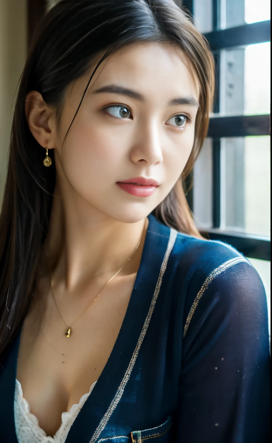 ((realistic:1.4))highest quality ,masterpiece,(RAW photo:1), small breasts、very delicate and beautiful, very detailed ,cg ,unity ,8k wallpaper, wonderful, finely, model body shape、slim、slender、とても小さなバスト
masterpiece,highest quality,official art,very detailed cg unity 8k wallpaper,disorganized, incredibly disorganized, huge file size, super detailed, 超High resolution,High resolution, very detailed,
beautiful detailed girl, very detailed eyes and face, beautiful and fine eyes,very detailed face, perfect lighting,light shines on your face,Cool lighting, natural color,1 girl, alone focus, alone,
whole body, whole bodyショット、
black crop top, blue jeans, black cardigan black eyes, necklace, ponytail,, brown hair,
windows, Hotel room, room, Hotel, tv set, sofa,