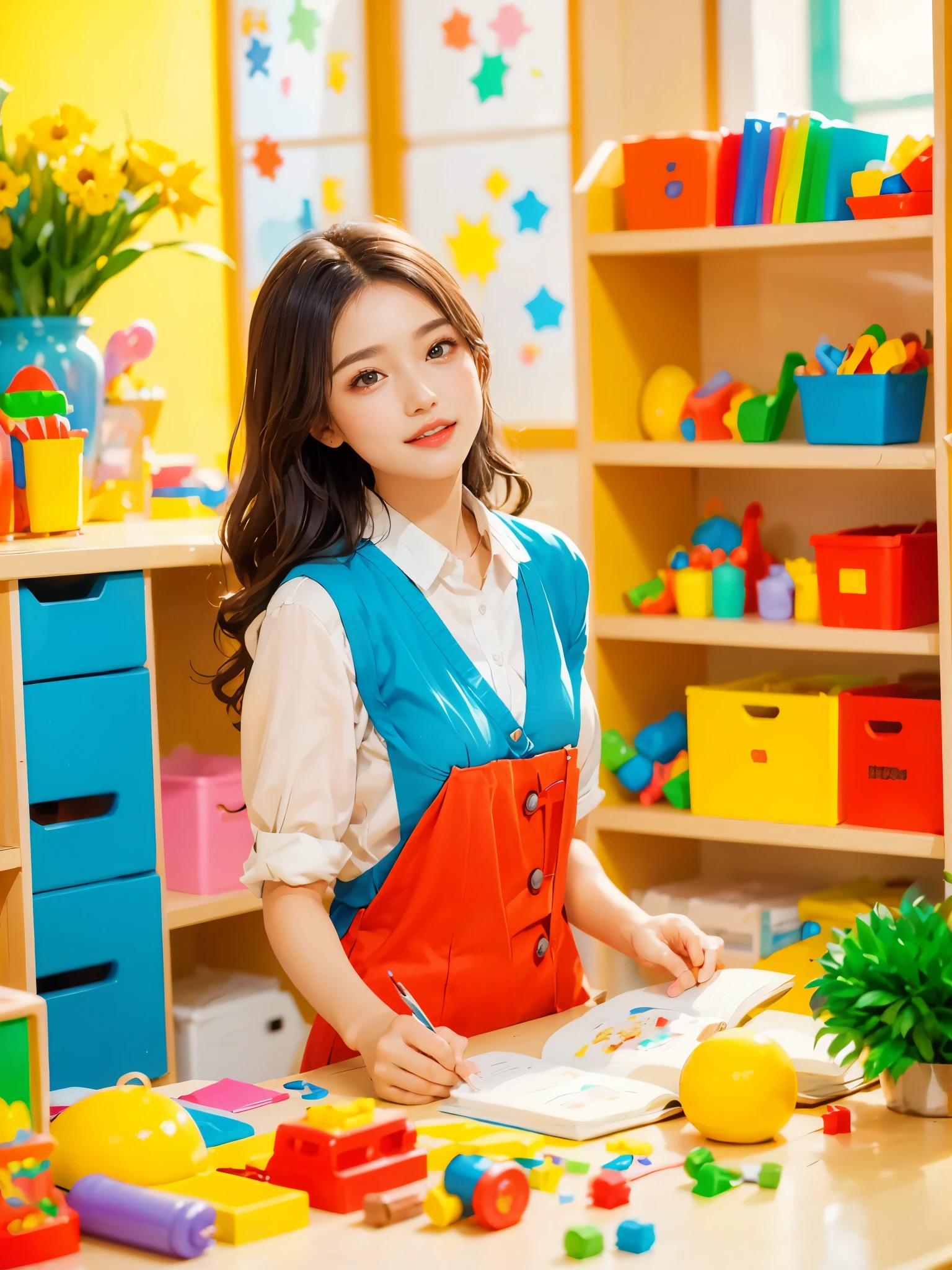 A continuation of the charming and cute depiction of a dream girlfriend as a kindergarten teacher, focusing on her photogenic and picturesque qualities. She displays a radiant smile, exuding a sense of spring warmth and happiness, uplifting the spirits of everyone, especially children. As an embodiment of wisdom, beauty, and diligence, she interacts playfully with the children in the colorful and vibrant kindergarten classroom. She is wearing a cute, professional outfit suitable for a teacher, with her hair styled in a simple, charming manner. The classroom is filled with educational toys, colorful decorations, and children's artwork, creating a joyful and lively atmosphere. The scene captures her engaging presence, showcasing her as a delightful, intelligent, and adorable kindergarten teacher., (花卉水彩画:1.5),(Super high saturation, bright and vivid colors:1.5), (nsfw), (正面看着观众:1.5)