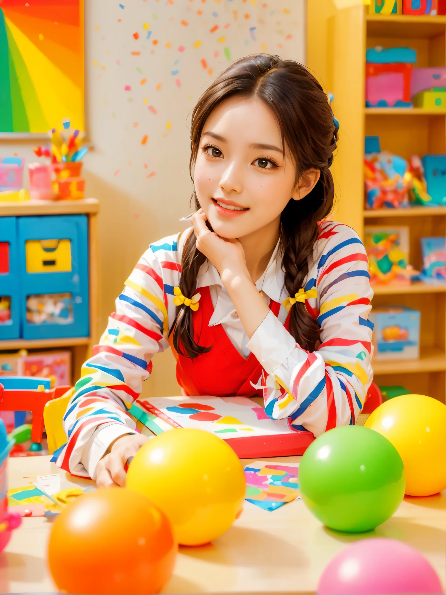 A continuation of the charming and cute depiction of a dream girlfriend as a kindergarten teacher, focusing on her photogenic and picturesque qualities. She displays a radiant smile, exuding a sense of spring warmth and happiness, uplifting the spirits of everyone, especially children. As an embodiment of wisdom, beauty, and diligence, she interacts playfully with the children in the colorful and vibrant kindergarten classroom. She is wearing a cute, professional outfit suitable for a teacher, with her hair styled in a simple, charming manner. The classroom is filled with educational toys, colorful decorations, and children's artwork, creating a joyful and lively atmosphere. The scene captures her engaging presence, showcasing her as a delightful, intelligent, and adorable kindergarten teacher., (花卉水彩画:1.5)，(Super high saturation, bright and vivid colors:1.5), (nsfw), (正面看着观众:1.5)