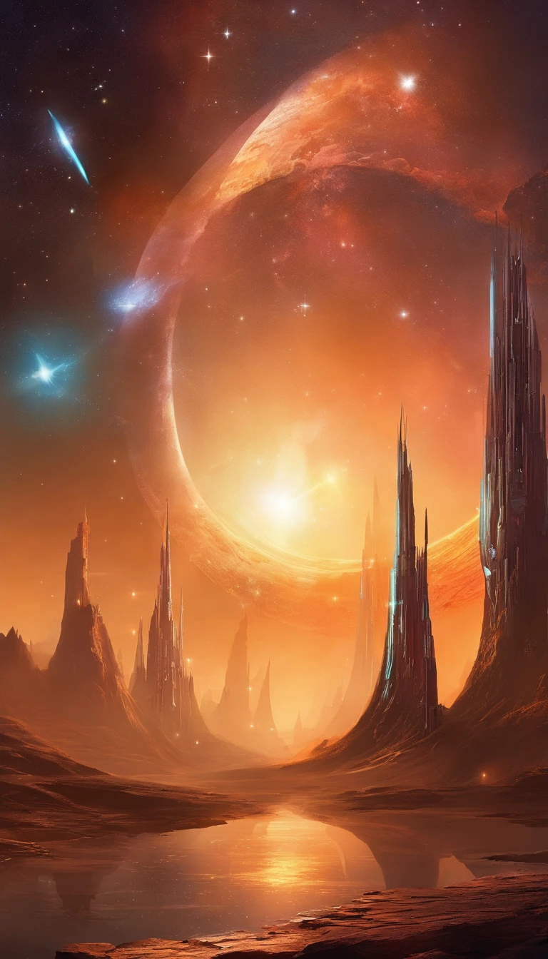 ((masterpiece)),(best quality)),Magnificent space image scene,planet,Interstellar,((Huge star gates)),black hole,(((huge starship))),spaceship,Shining starry sky,8k,Super fine,high quality
