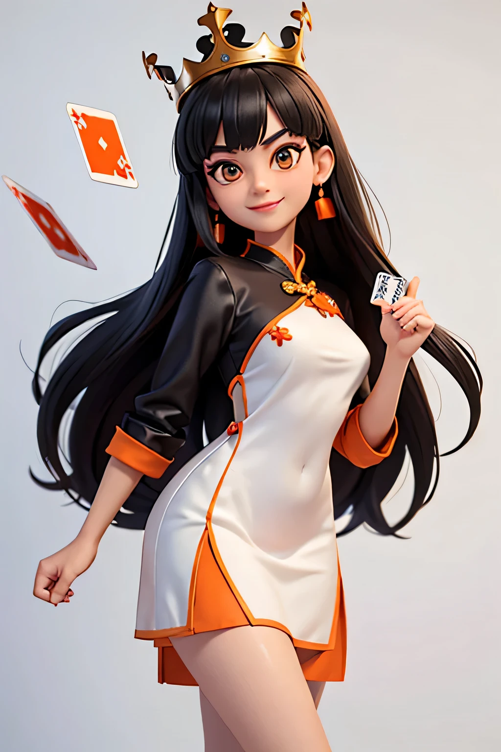 piece,8k highly detailed, casual games, , 3D art style, Half body photo,Croupier,White background,big eyes,black hair,cute,Orange cheongsam,Orange decoration,Playing cards in hand,mature woman,Solid background,long hair,Smile,The head wears a crown
