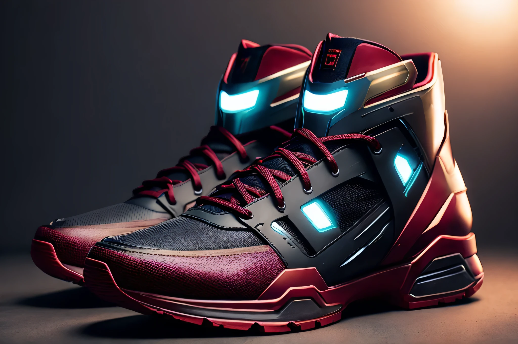 product photography of a cybepunk Ironman sneakers, epic render, octane, atmosphere, particles, soft volumetric lightacklit:1.3), (cinematic:1.3), intricate details, (ArtStation:1.3)