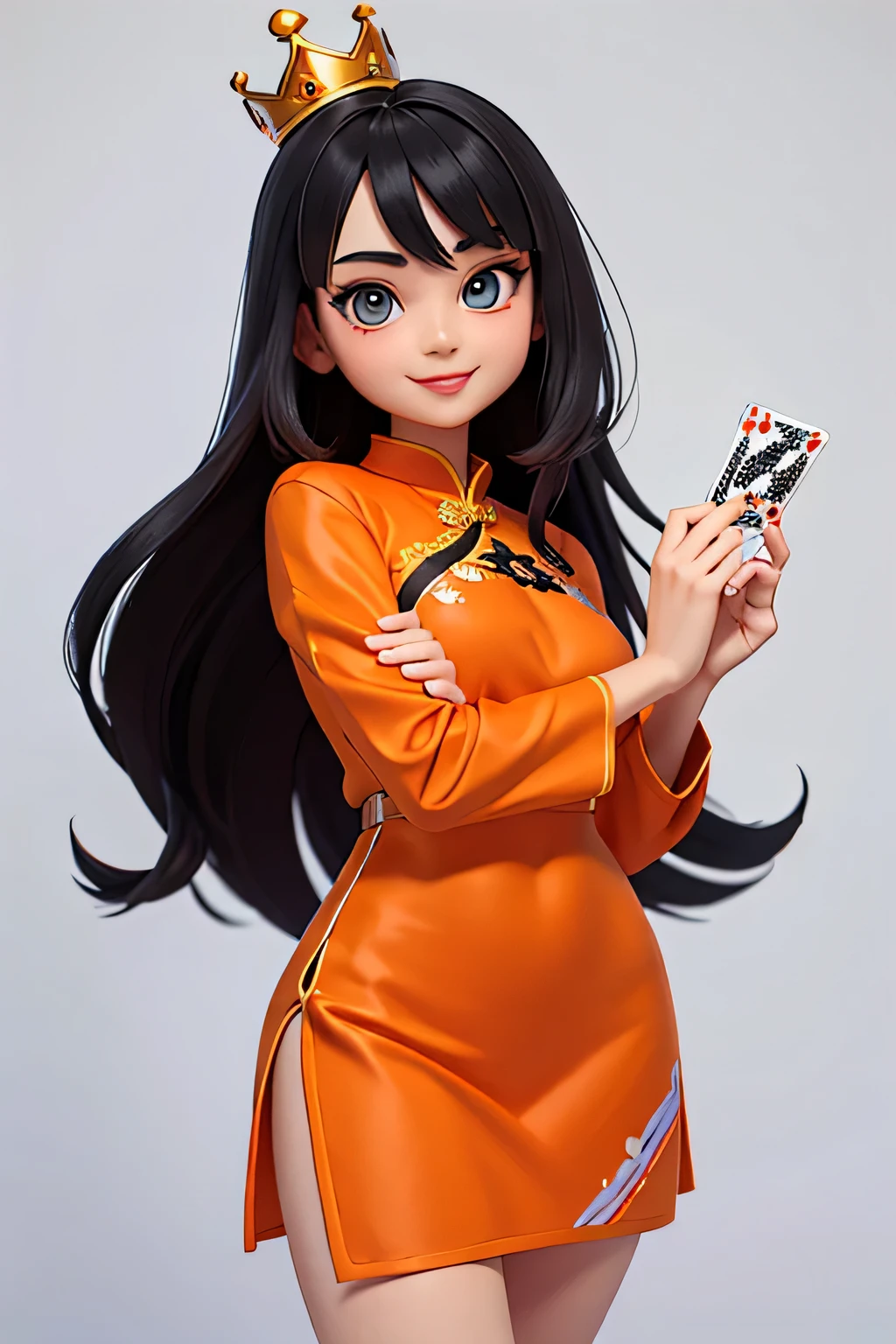 one,8k highly detailed, casual games, , 3D art style, Half body photo,Croupier,White background,big eyes,black hair,cute,Orange cheongsam,Orange decoration,Playing cards in hand,mature woman,solid color background,long hair,Smile,The head wears a crown
