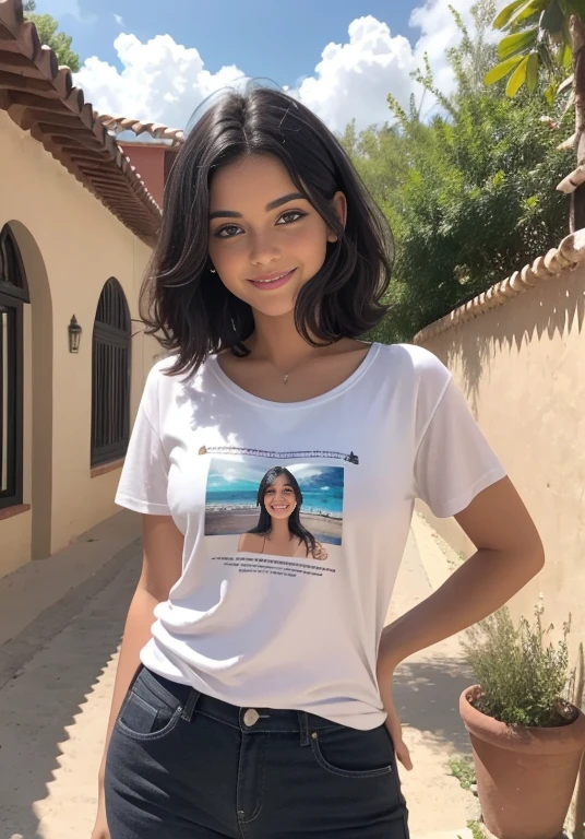 (Obra maestra, La mejor calidad, fotorrealista, Altas Resoluciones, Cinematographer, :1.3), Foto de la parteinferior del cuerpo, Sharp focus, 1 chica morena , Chica mexicana, 14 years , Modelo latina, Ojos color cafe y pupilas altamente detallados, Piel realista, pecas en mejillas y nariz , Forma delgada del cuerpo, cabello extremadamente detallado, They are smiling, sexy , ((realista, super-realistic, realismo, Detalles realistas)) , lindo maquillaje ,labios rojos , hermosa sonrisa , short black hair , cuerpo completo , caminando hacia la camara, sonriendo para el espectador , viste camiseta blanca con imagen de estrella en el pecho , falda negra , tenis blancos , mirada sexy , escuela , patio de escuela